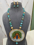 Peacock Tanjore Natural Stone Necklace Set - Aqua Green