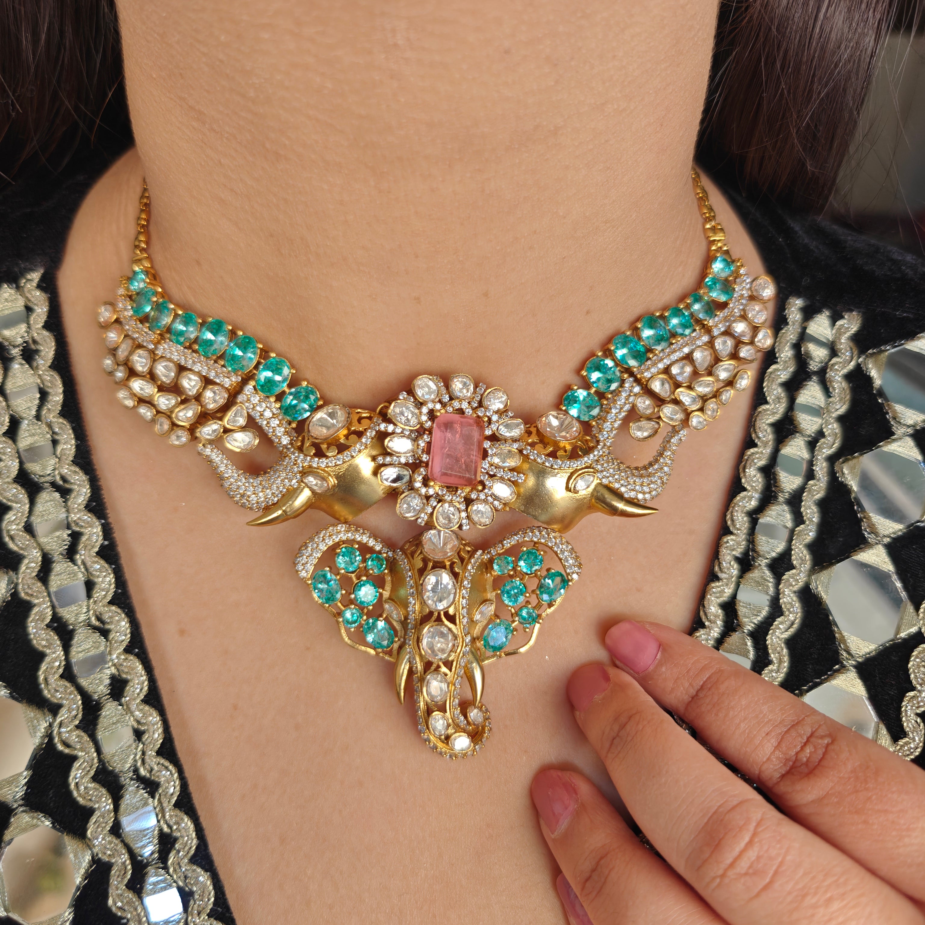 Vighnaharta Luxe Moissanite Necklace Set- Aqua Green n Peach