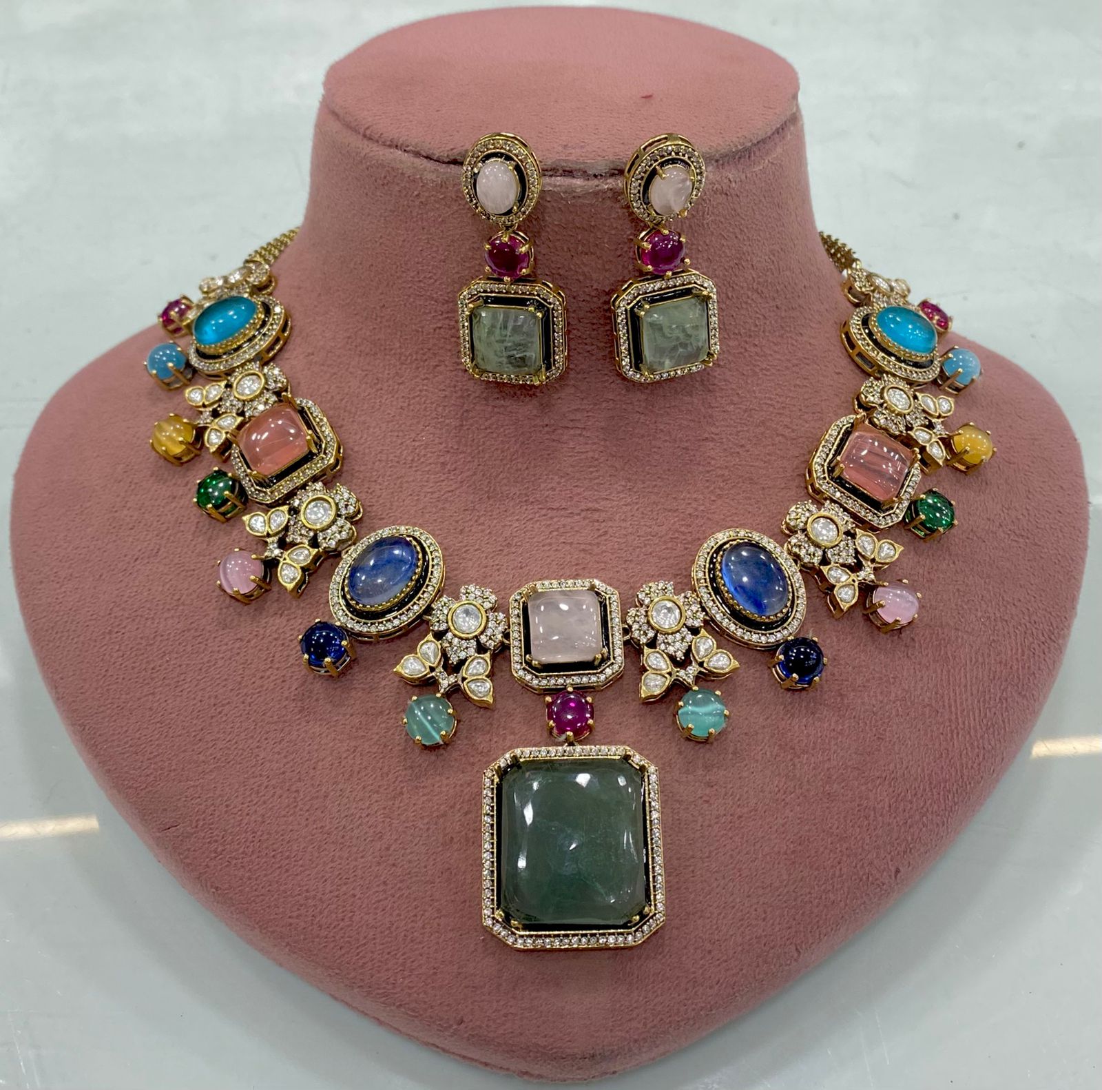 Shagufta Sabyasachi Inspired Statement Necklace Set - Green Multi