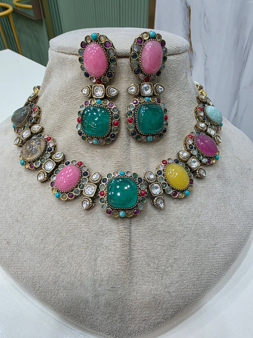 Meherza Quartz Doublet Sabya Inspired Choker Necklace Set- Green Multi