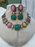 Meherza Quartz Doublet Sabya Inspired Choker Necklace Set- Green Multi