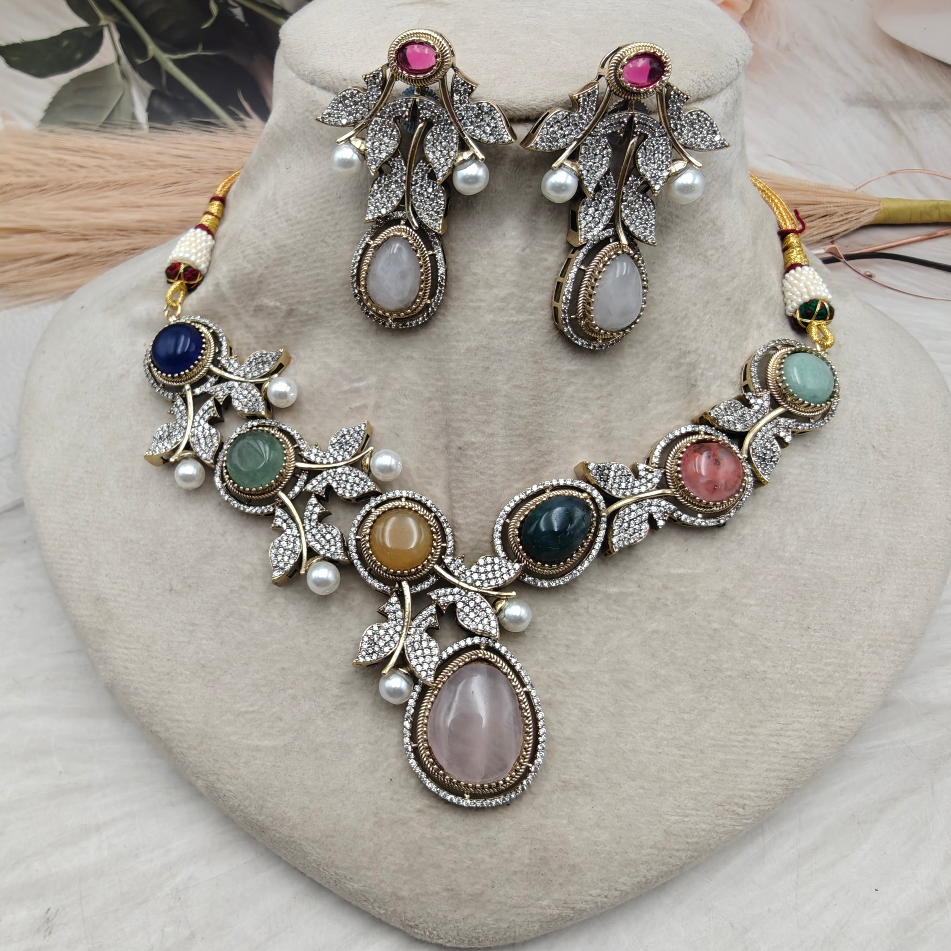 Vriksha Ratna Designer Gemstone Necklace Set- Multi