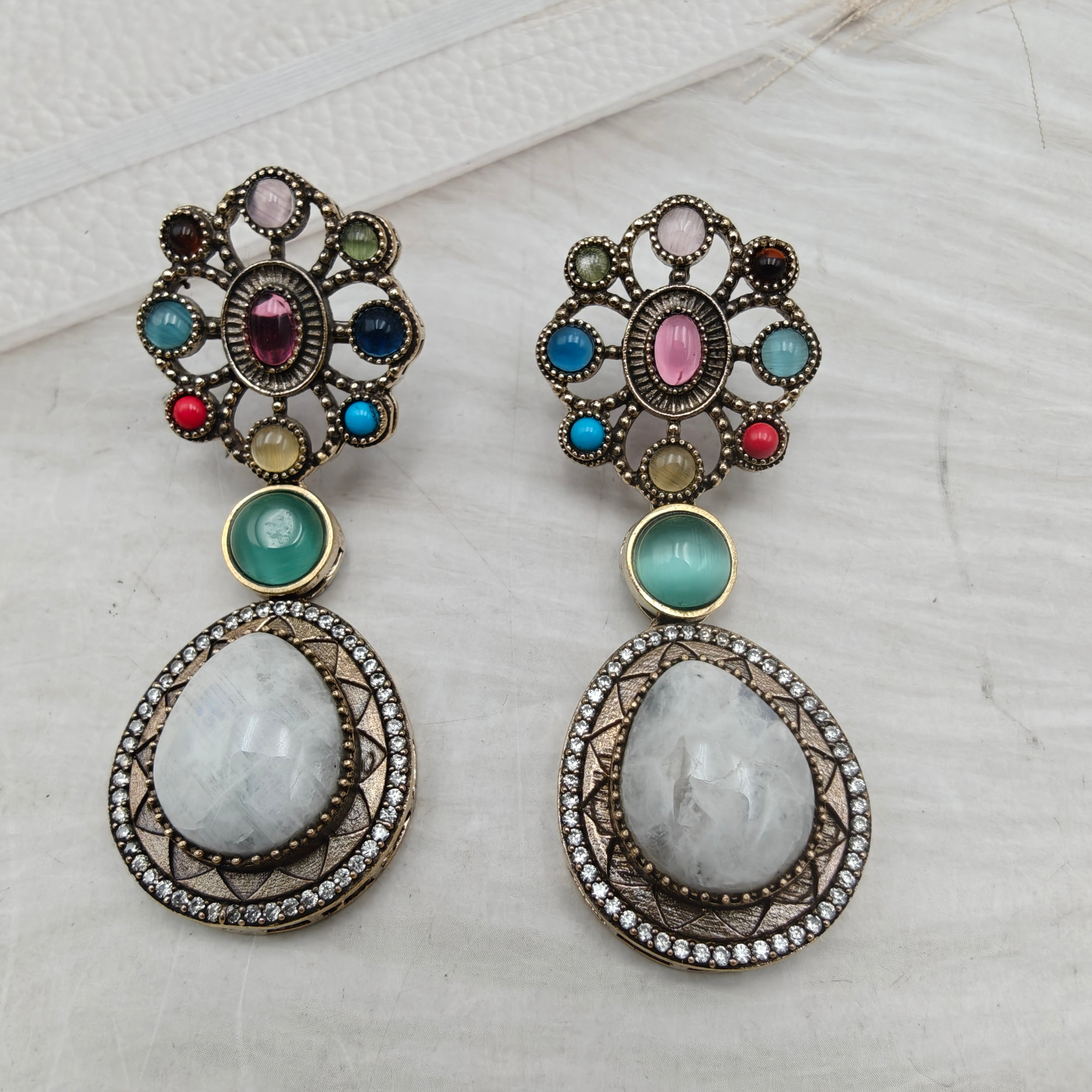 Ruban Gemstone Earrings- White Multi