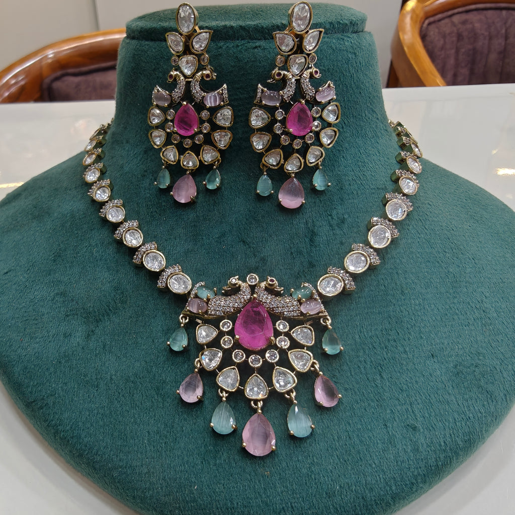 Chandrika Morni Uncut Moissanite Polki Necklace Set- Pink Mint