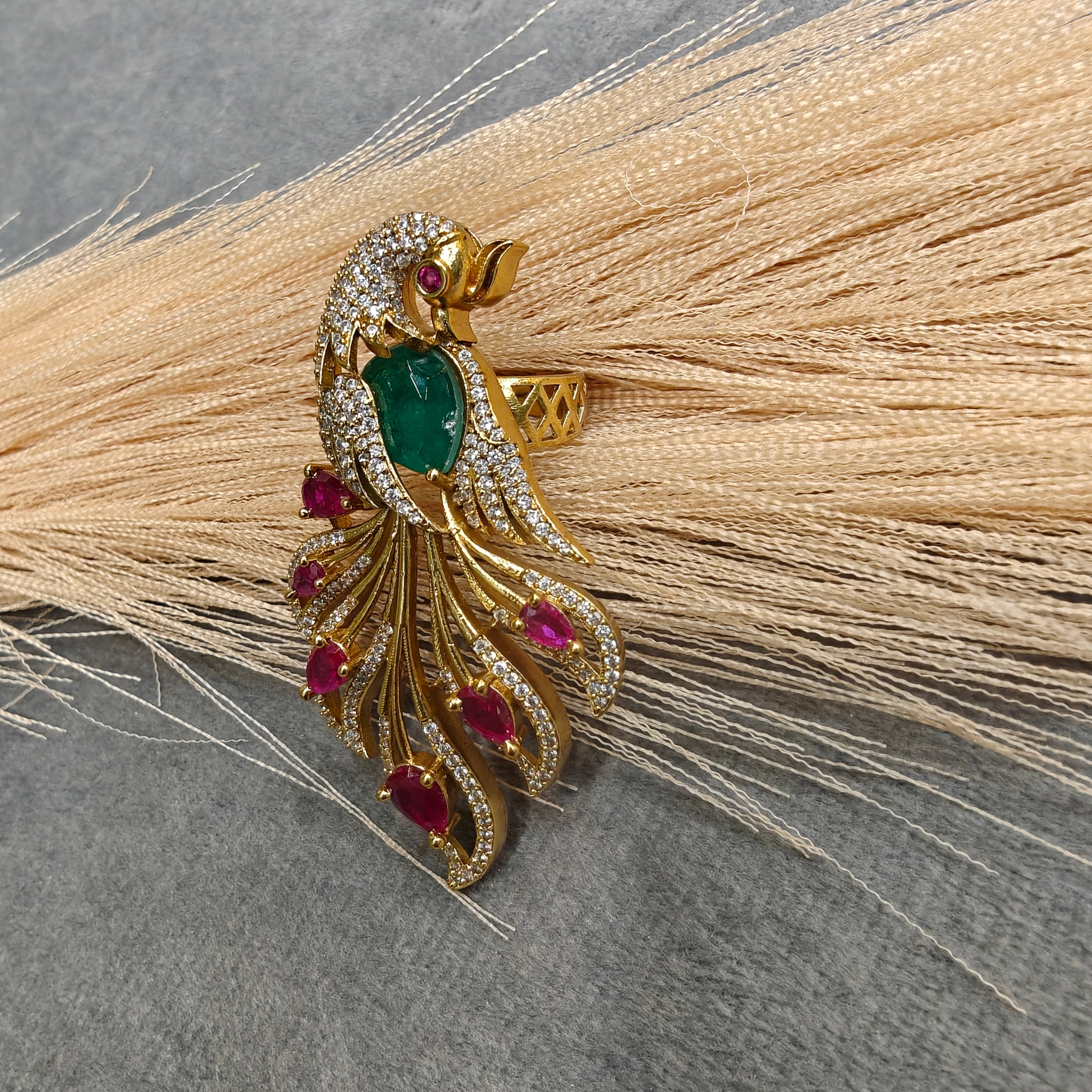 Vantara Mayura Adjustable Finger Ring- Ruby and Green