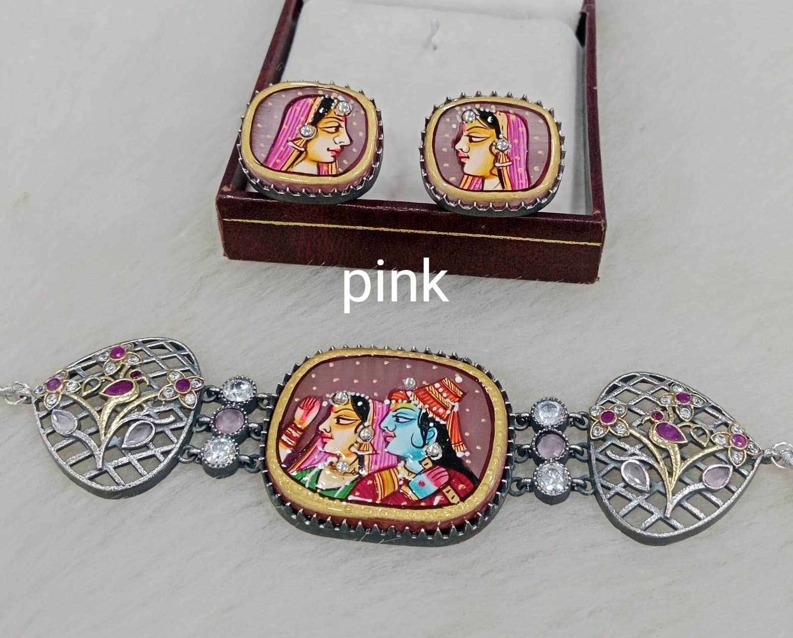 Radha Krishna Tanjore German Silver Choker Set- Pink