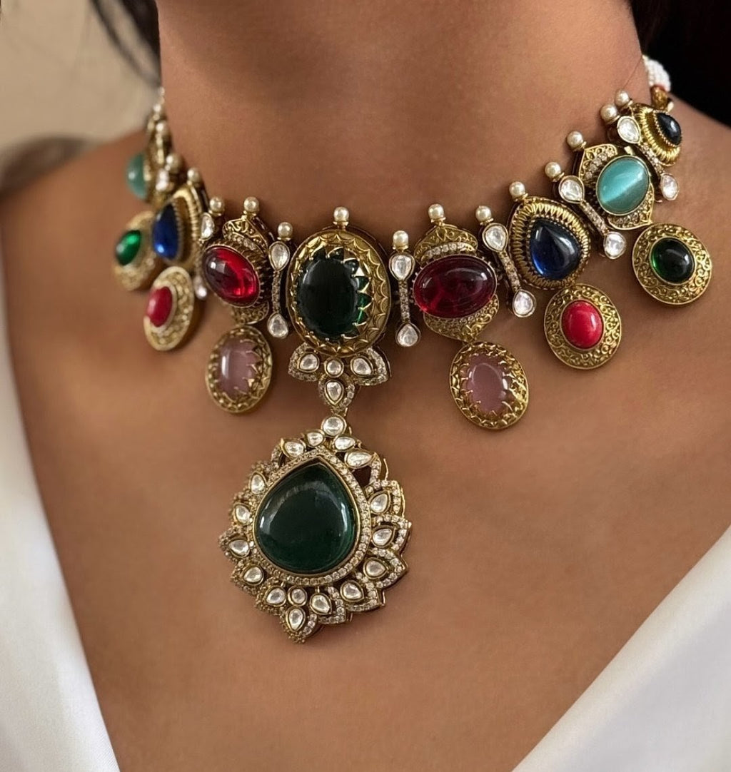 Sabyasachi Inspired Garima Moissanite Natural Stone Choker Necklace Set- Multi