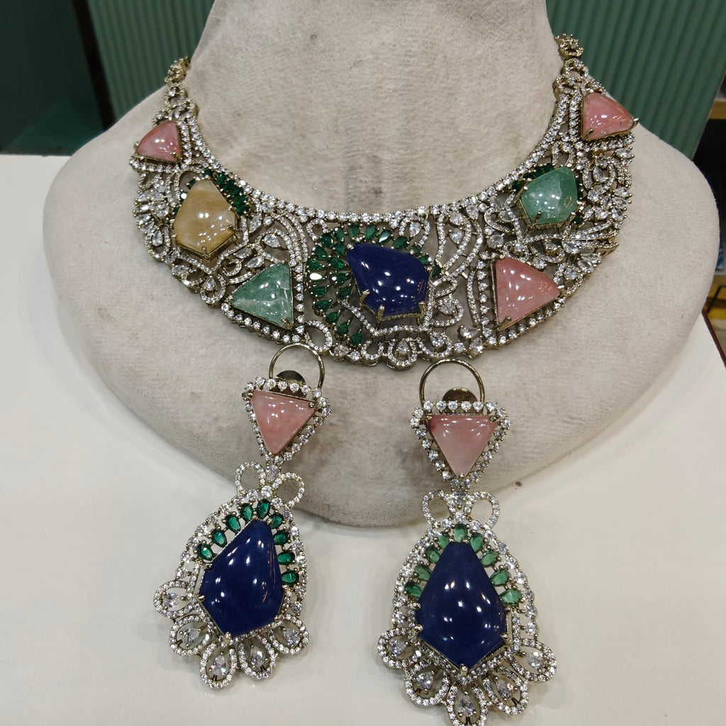 Anaisha Sabya Inspired Designer Necklace Set- Blue Green Multi