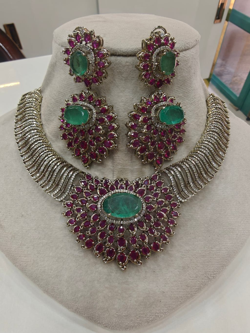 Ratiya Designer Collection Statement Necklace Set- Ruby and Mint