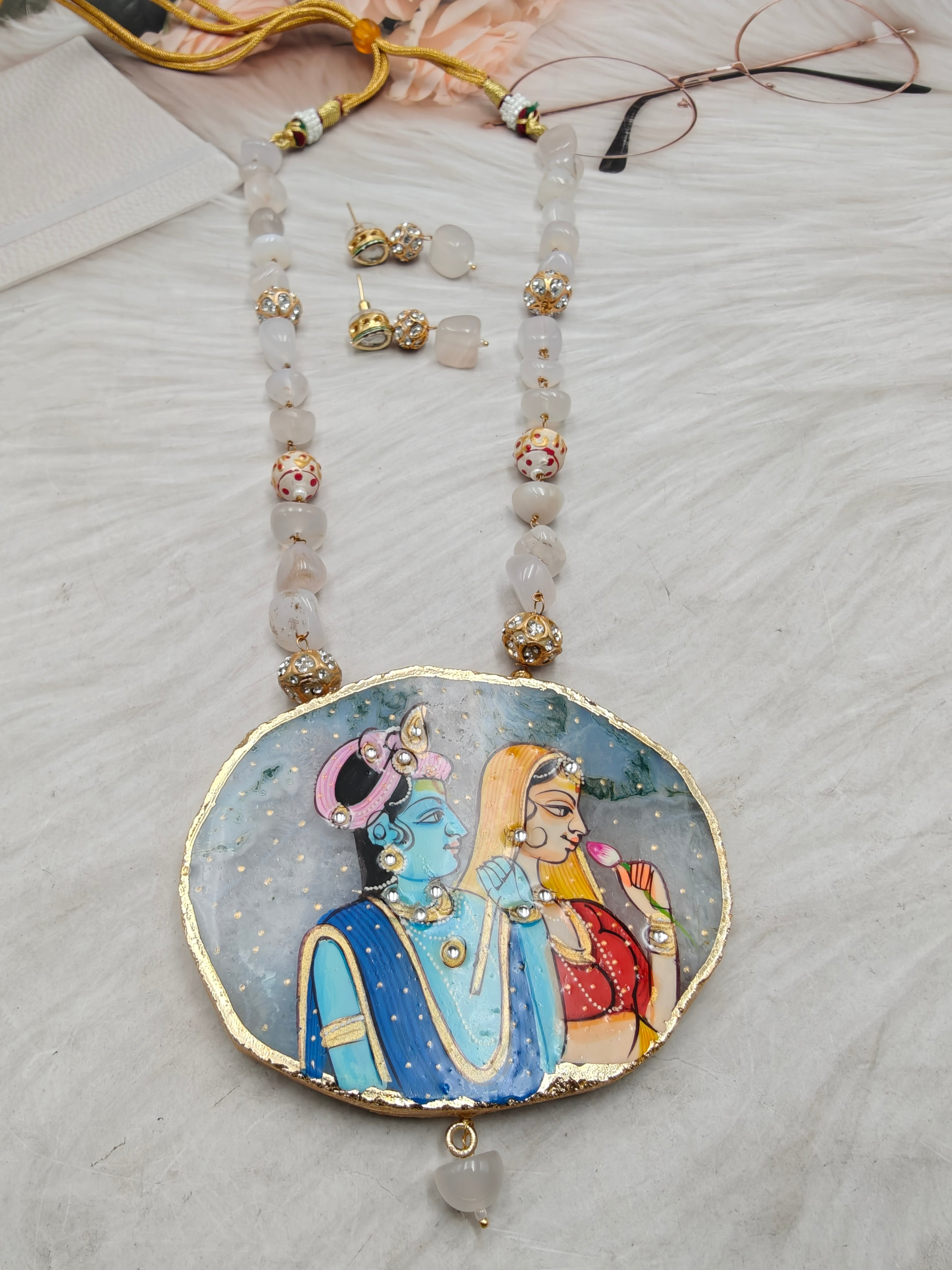 Radha Krishna Tanjore Natural Stone Long Necklace - White