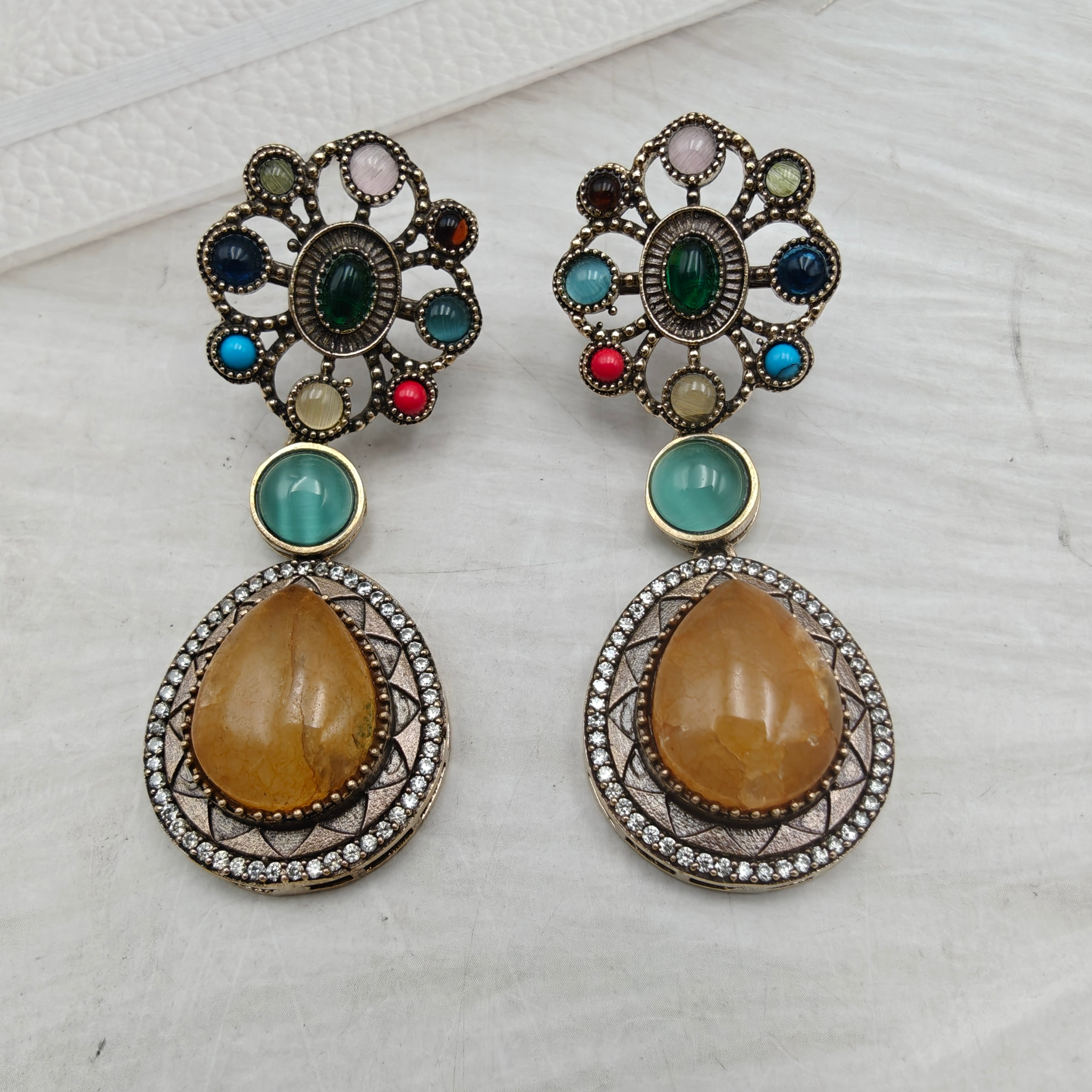 Ruban Gemstone Earrings- Mustard Yellow Multi