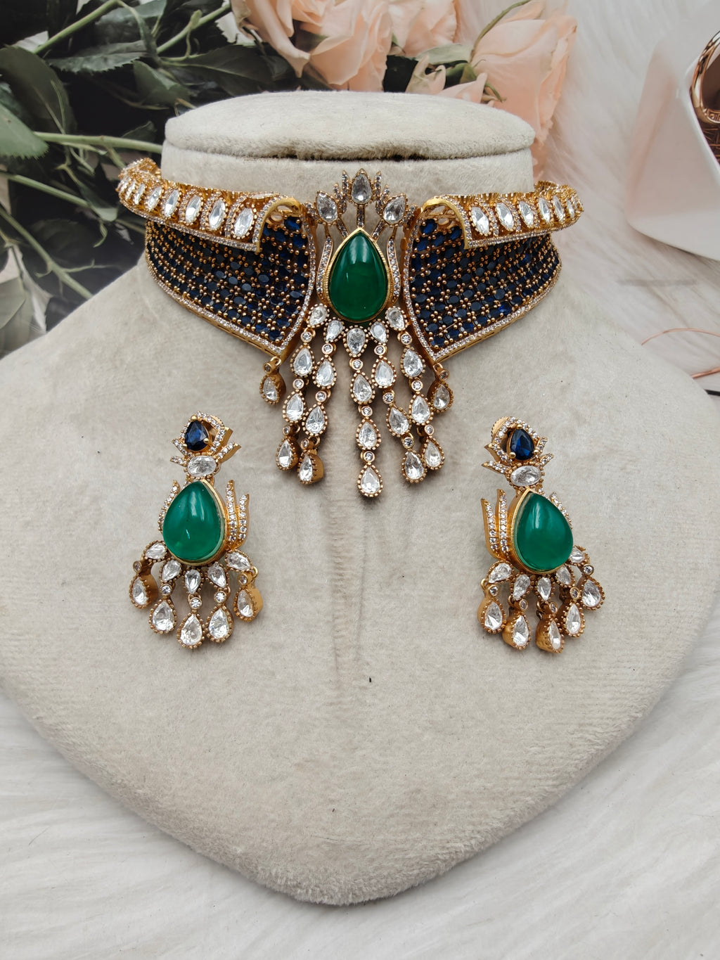 Achla Moissanite Hasli Style Necklace - Blue and Emerald