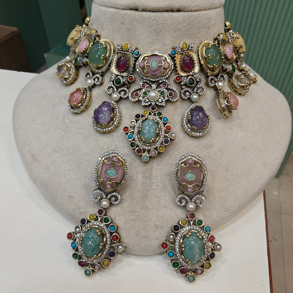Rangbarat Sabya inspired Multi Gemstone Necklace Set- aquamarine Pink Multi