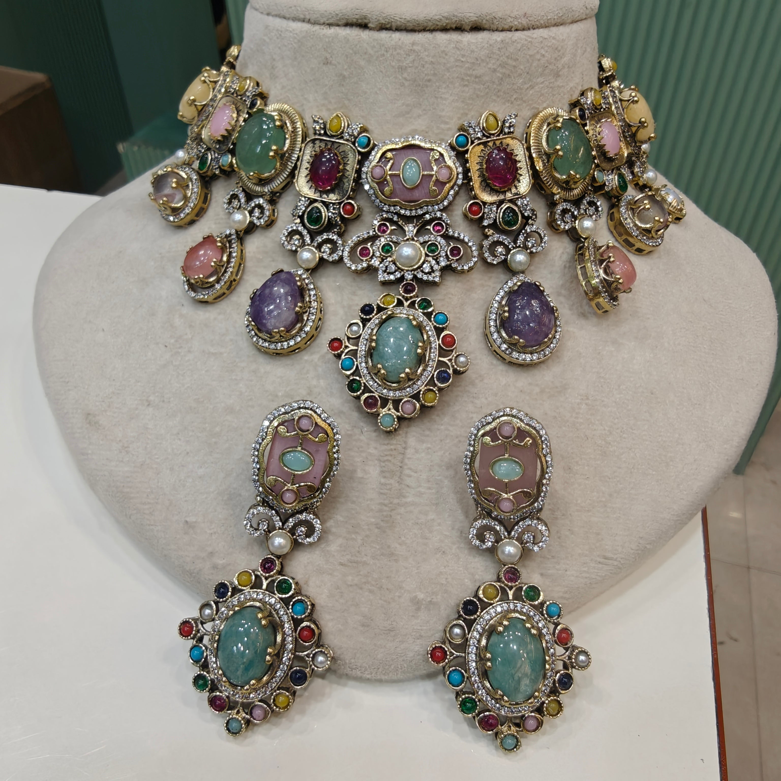 Rangbarat Sabya inspired Multi Gemstone Necklace Set- aquamarine Pink Multi