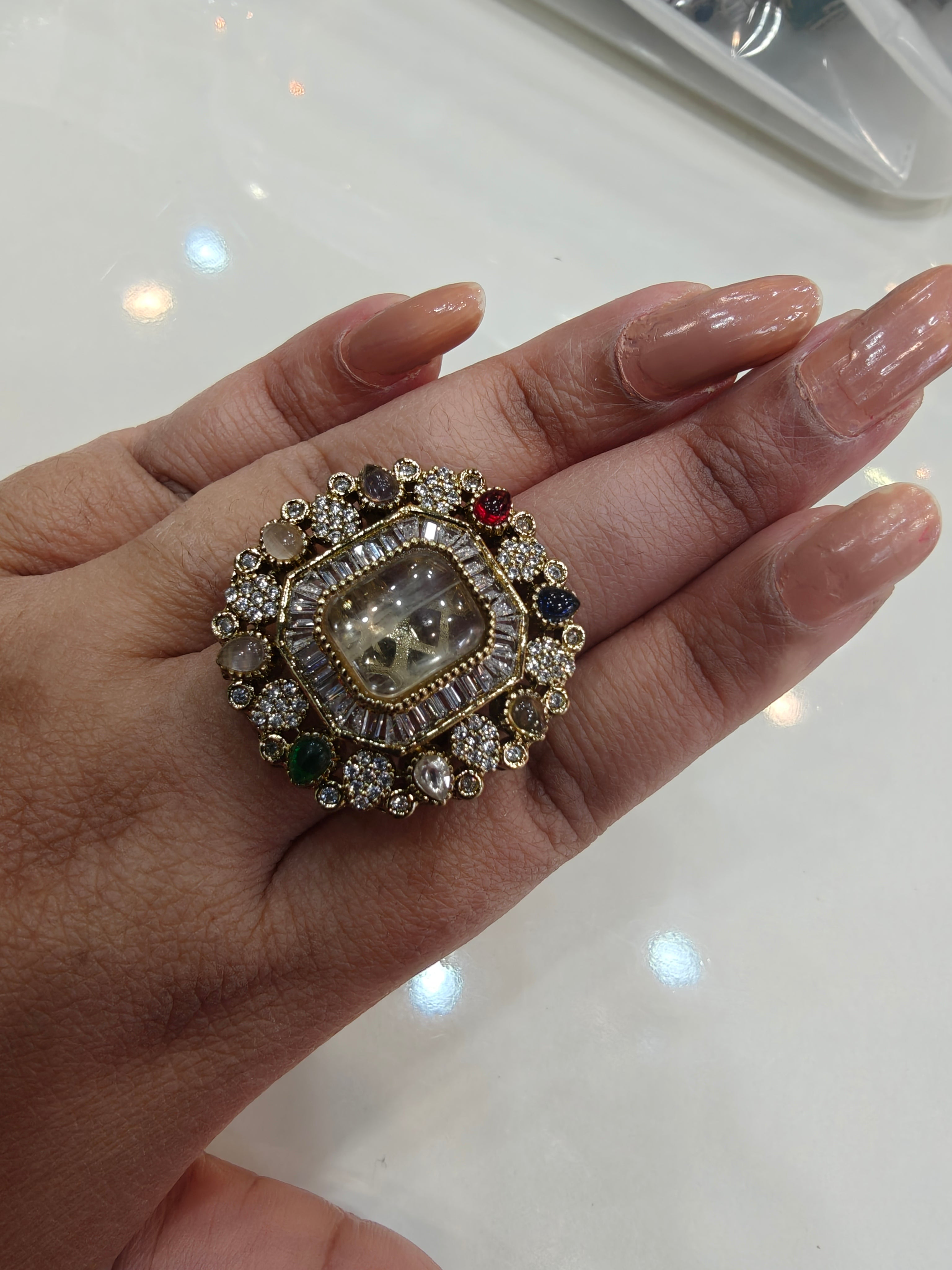 Archana Sabya Inspired Gemstone Adjustable Ring- White Multi