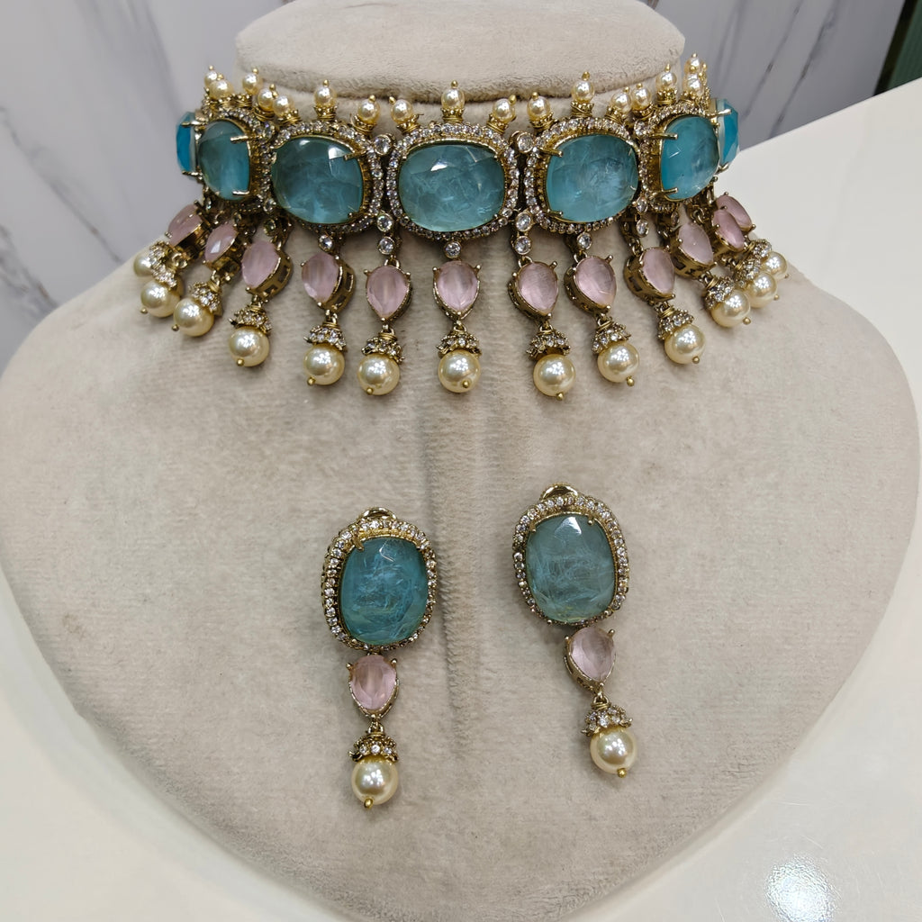 Dua Deepika Inspired Statement Choker Set- Ice Blue n Pink
