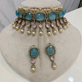 Dua Deepika Inspired Statement Choker Set- Ice Blue n Pink