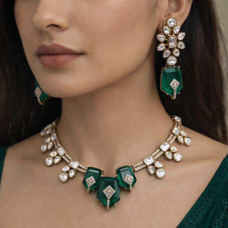 Vedanshi Doublet and Uncut Moissanite Polki Necklace Set- Green