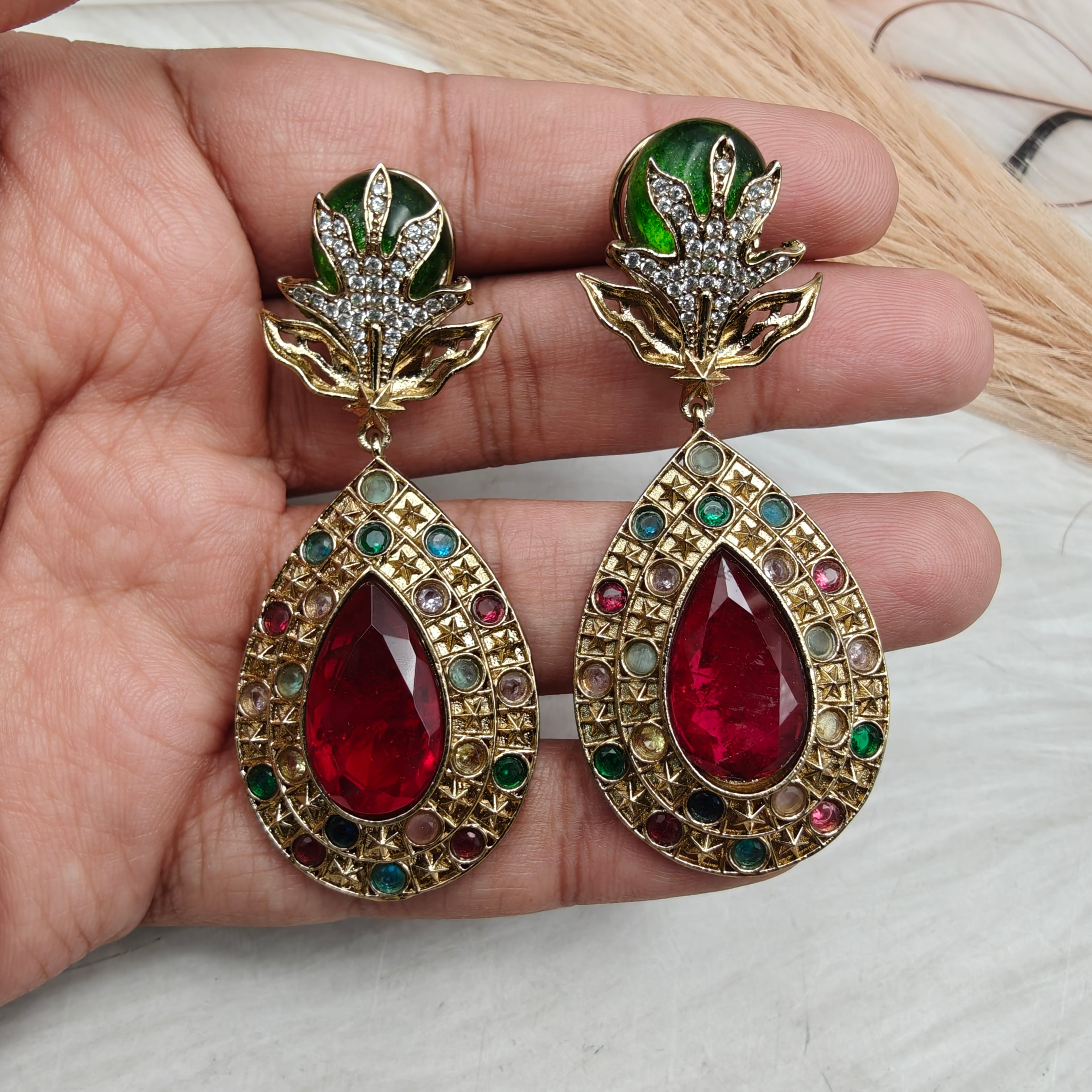 Natashi Doublet and Gemstone Earrings- Red and Peridot Green