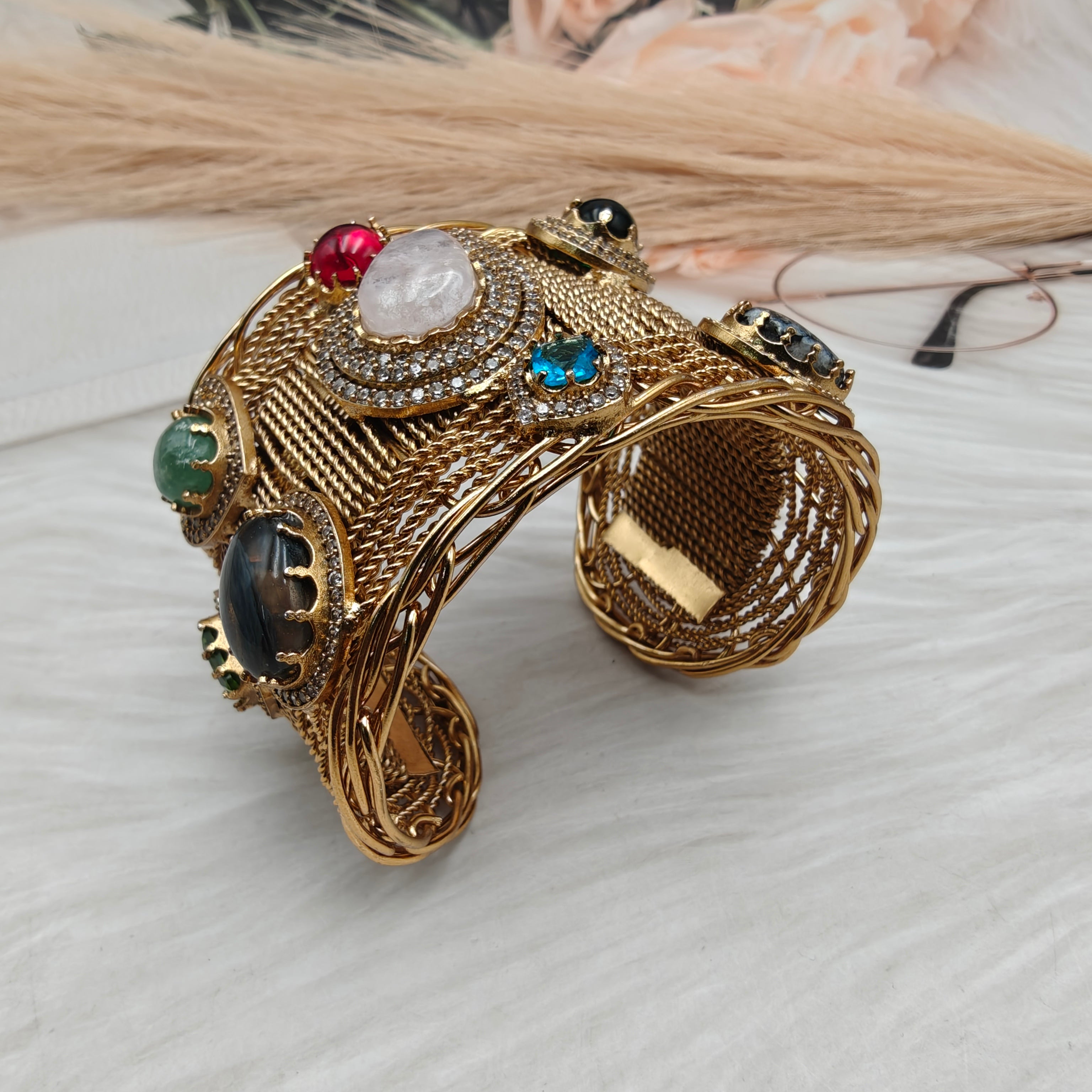 Sahiba Amrapali Brass Fusion Gemstone Handcuff-  Blush Pink Multi