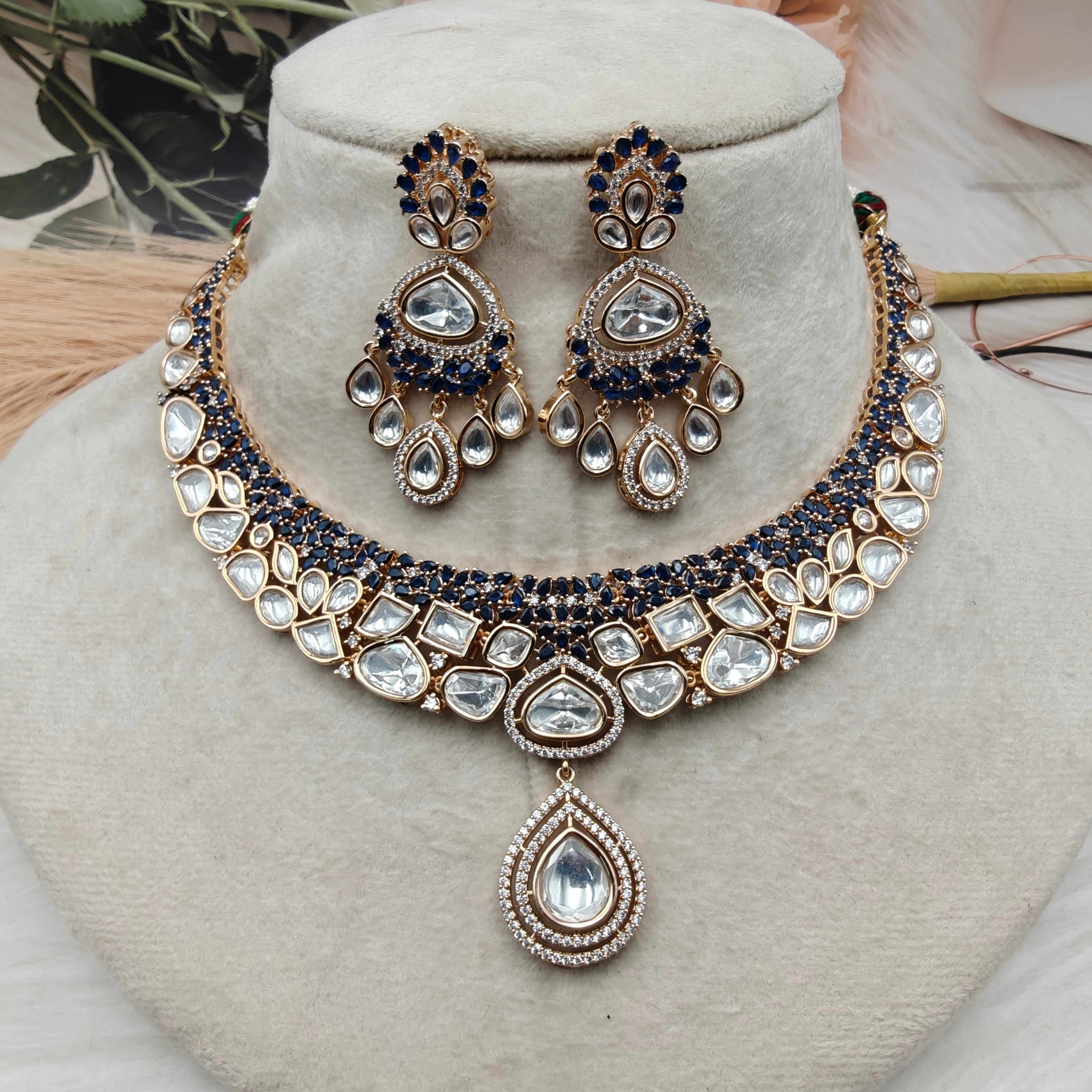 Ishqbaaz Moissanite Necklace Set - Blue