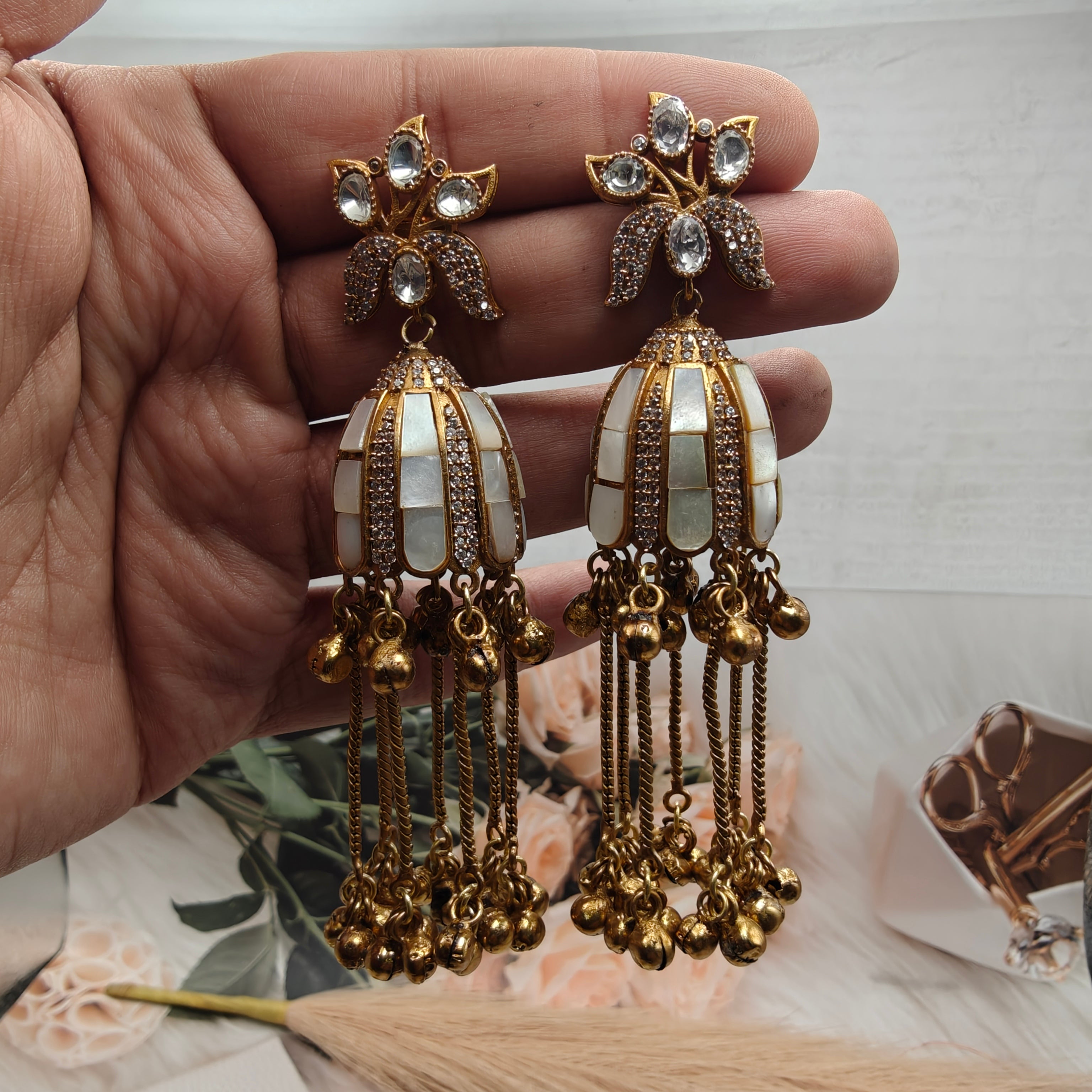 Varsha Takker Stone and Uncut Polki Brass Fusion Kashmiri Jhumki- White