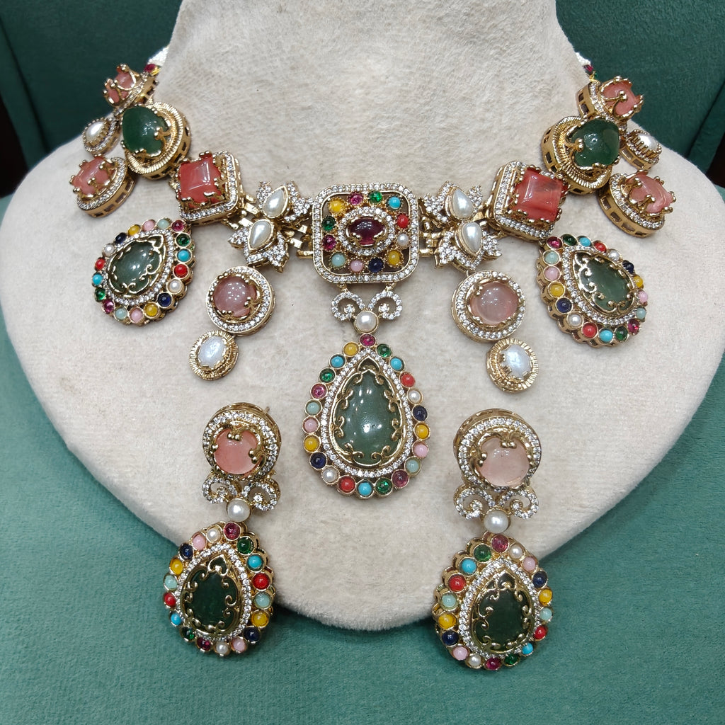 Lustra Gemstone Sabya Inspired Necklace Set- Multi