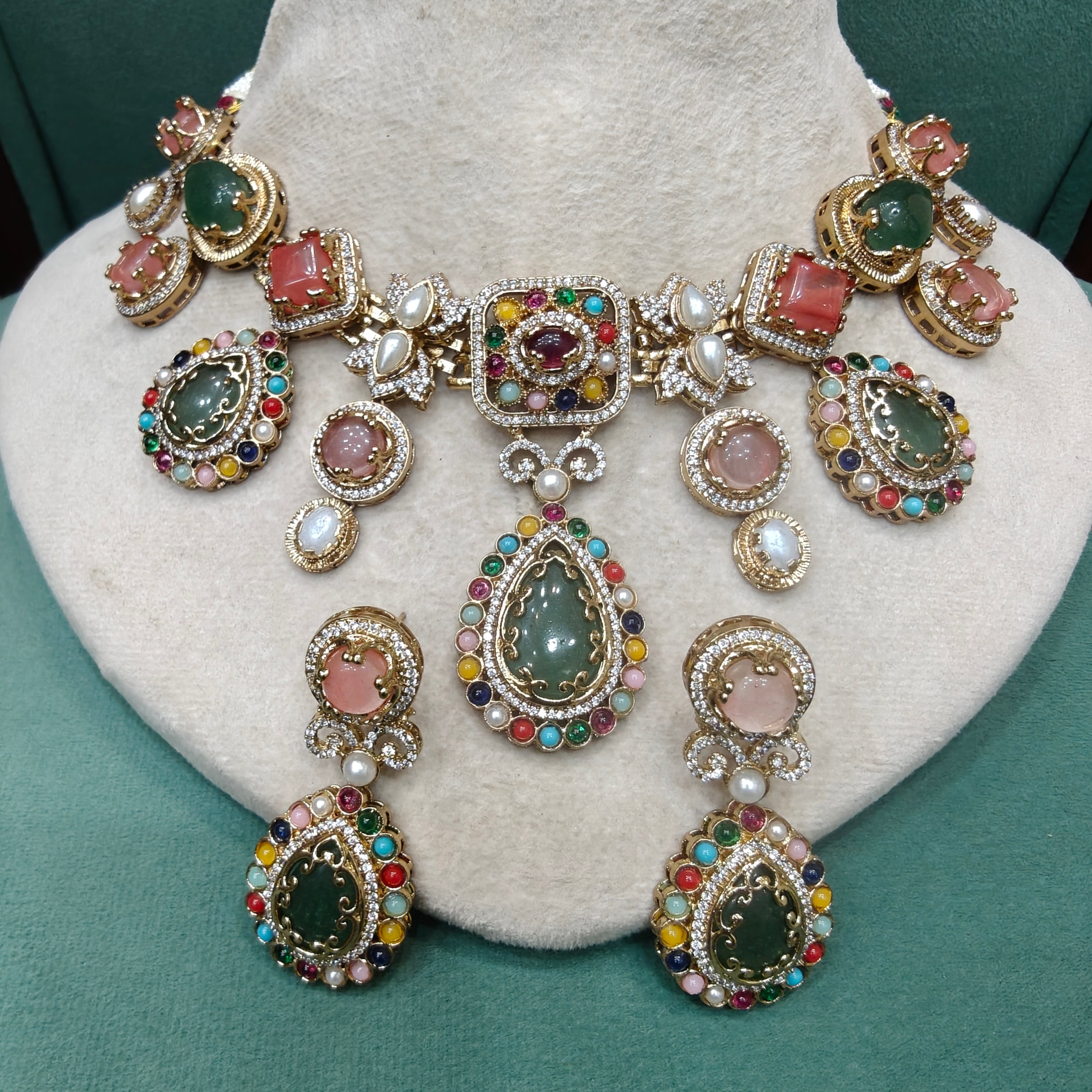 Lustra Gemstone Sabya Inspired Necklace Set- Multi