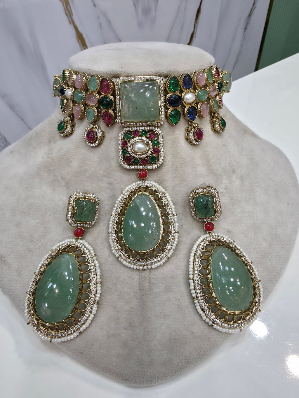 Alokika Sabya Inspired Pearl and Natural Stone Necklace Set- Mint Multi
