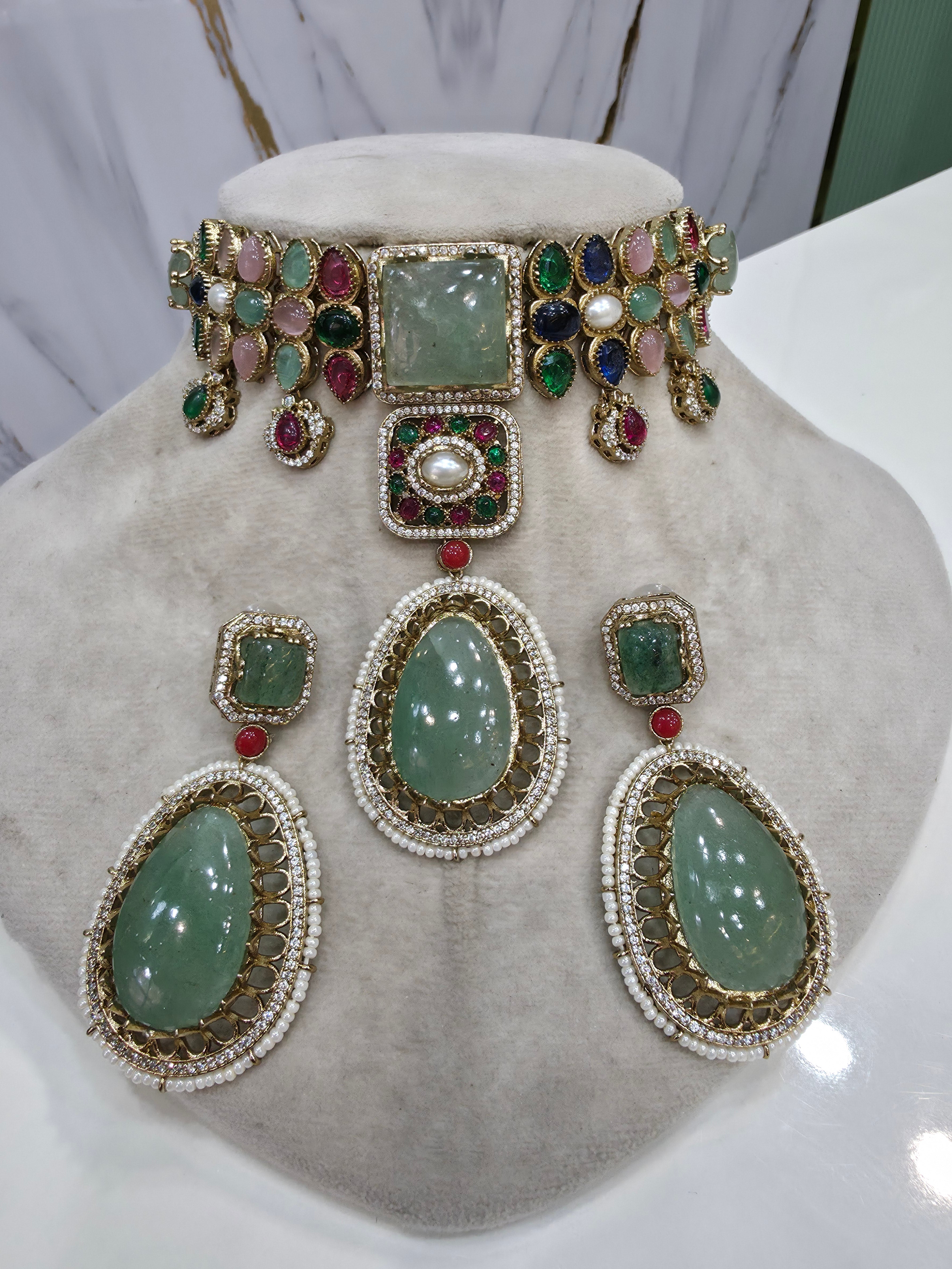 Alokika Sabya Inspired Pearl and Natural Stone Necklace Set- Mint Multi