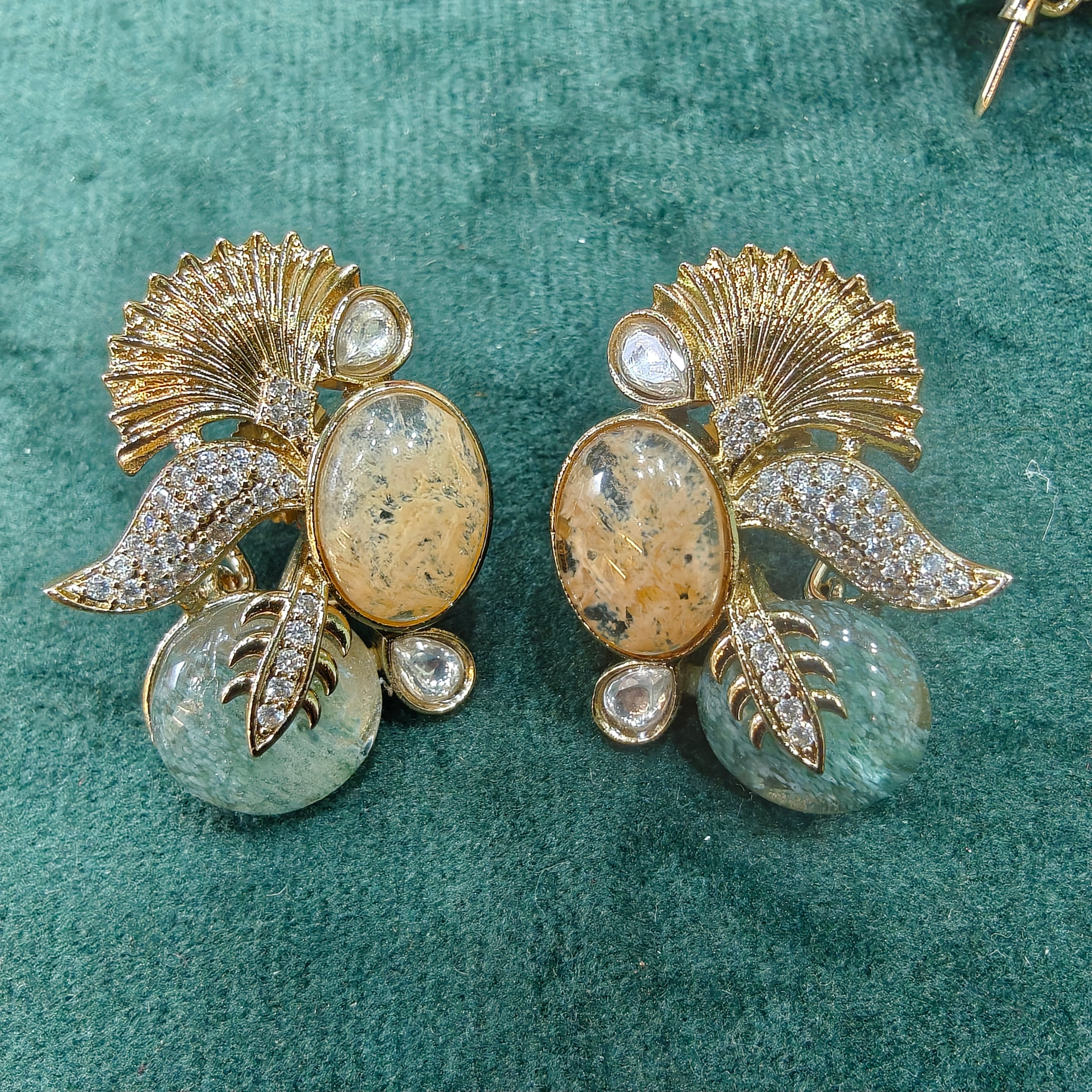 Saanjh Gemstone Sabya Inspired Studs- Mint and Fawn Yellow