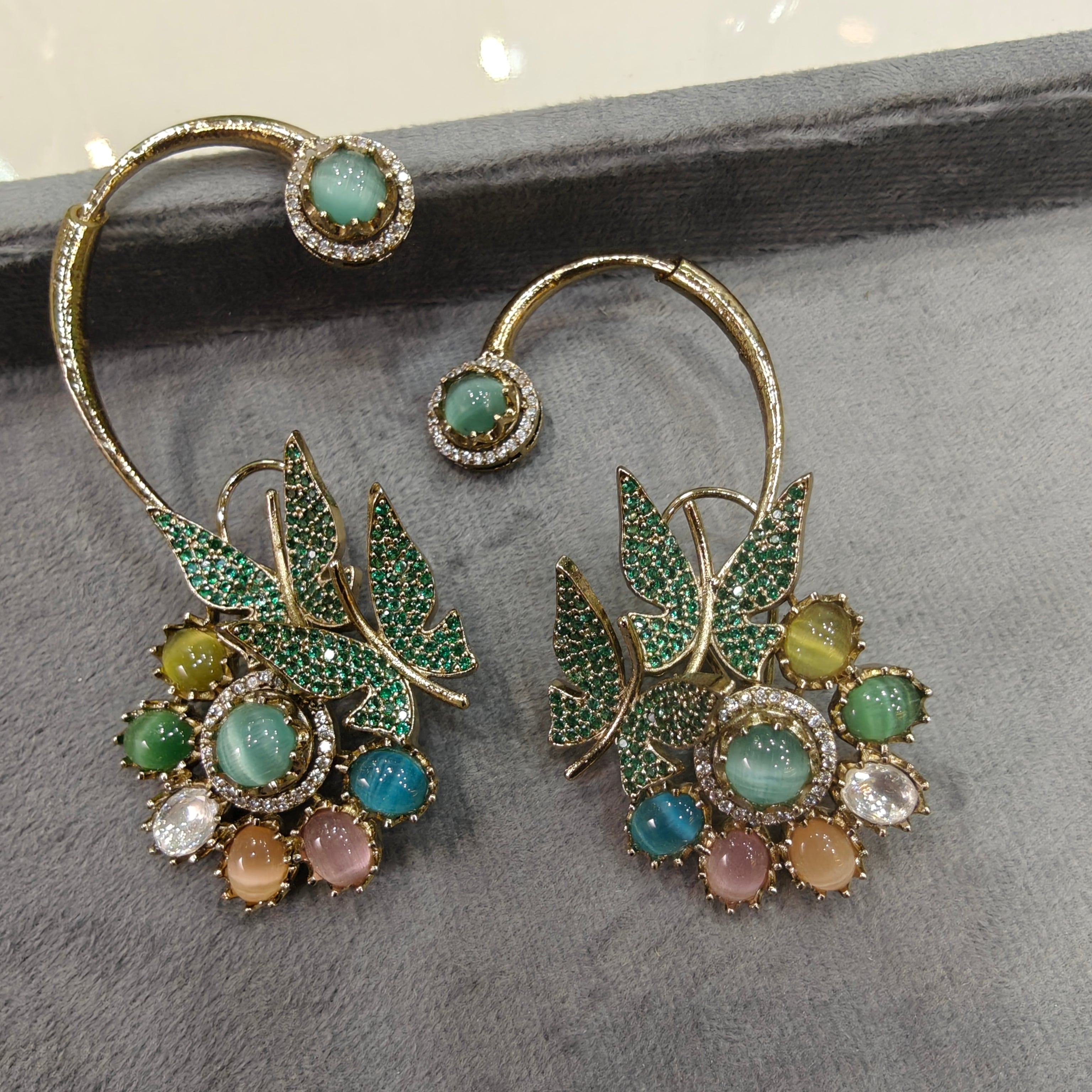 Advisha Flower Butterfly Gemstone Statement Earcuff- Green Multi