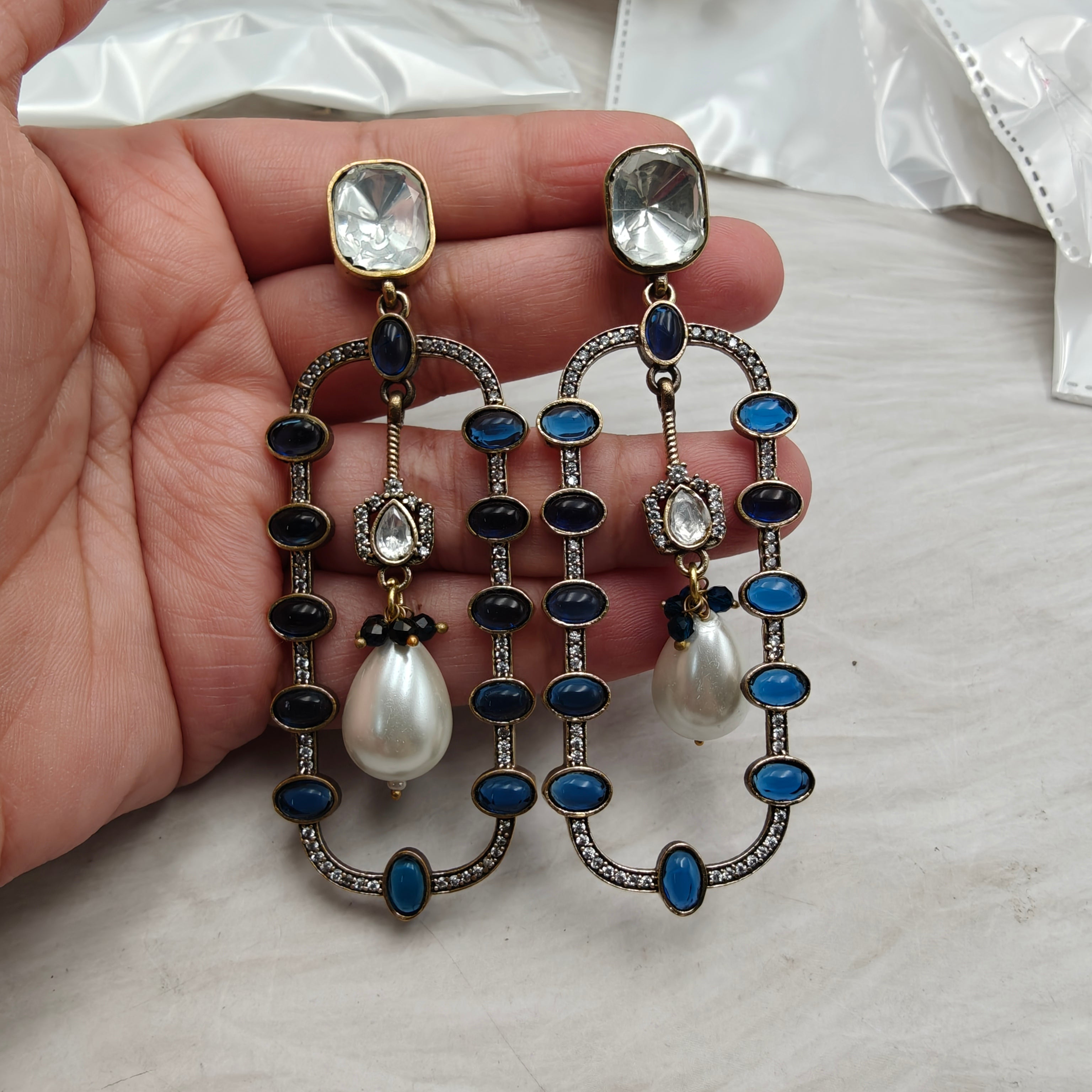 Divisha Statement Earrings with Pearl drop - Blue