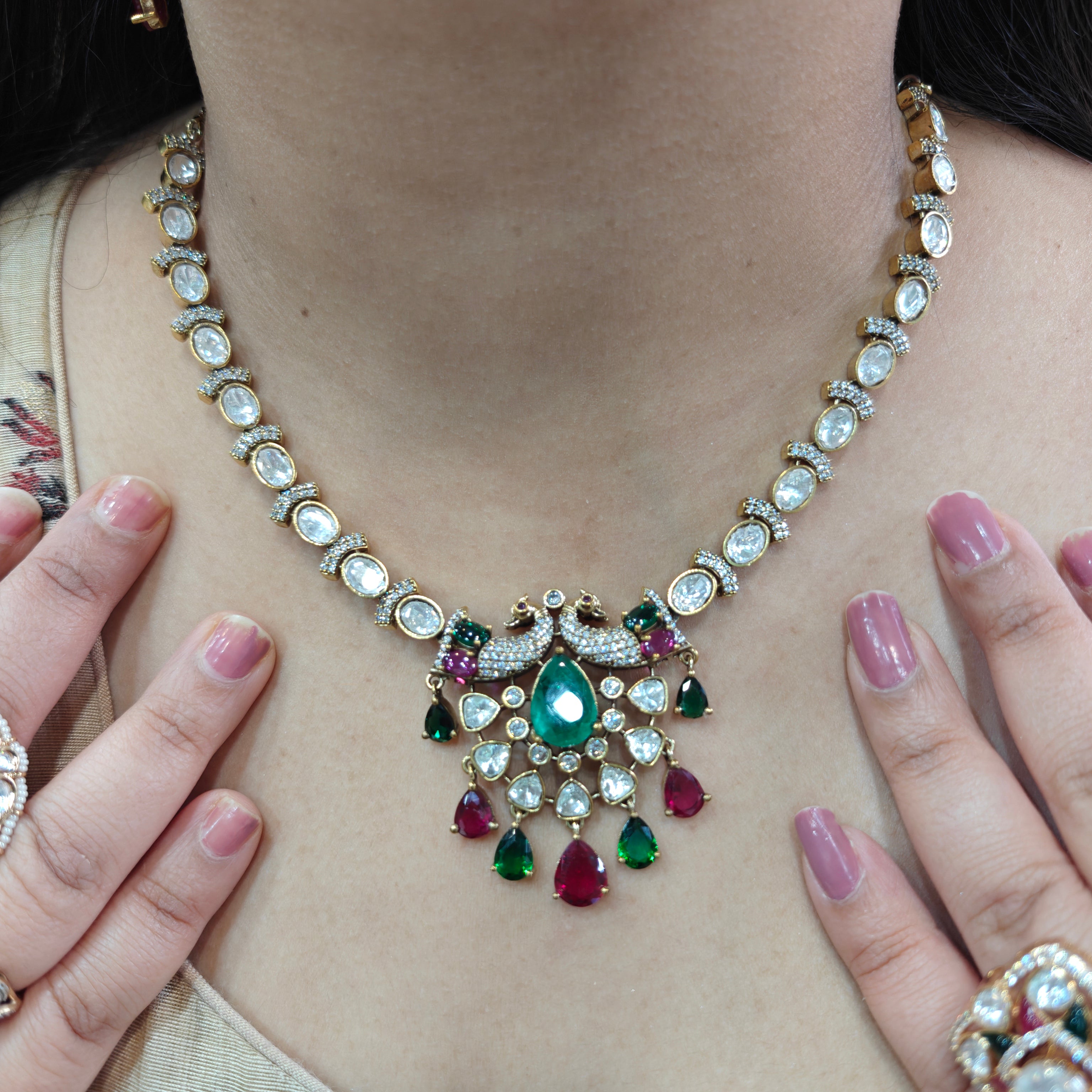 Chandrika Morni Uncut Moissanite Polki Necklace Set- Green Ruby