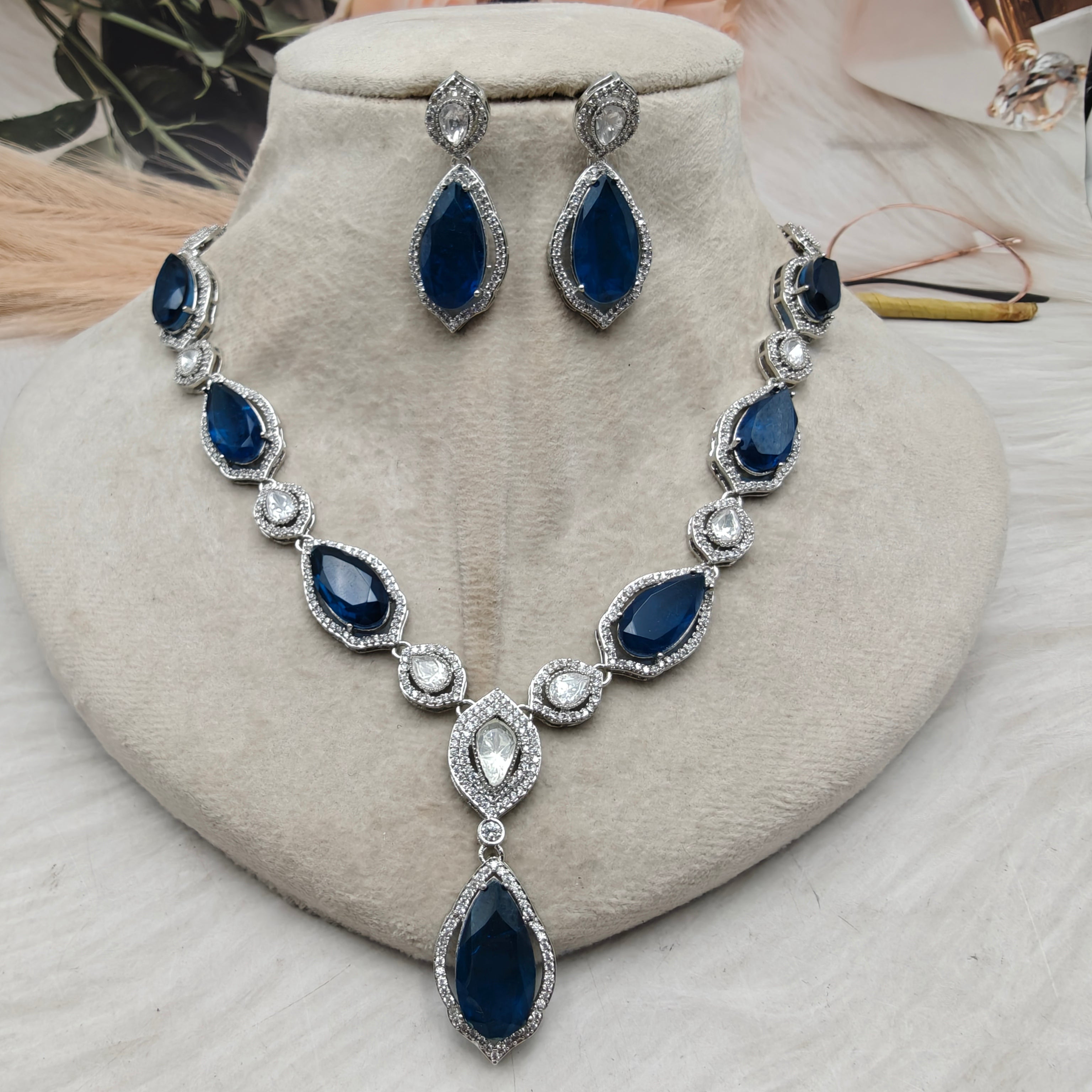 Anusha Doublet and Uncut Polki Necklace Set (Silver Finish)- Blue