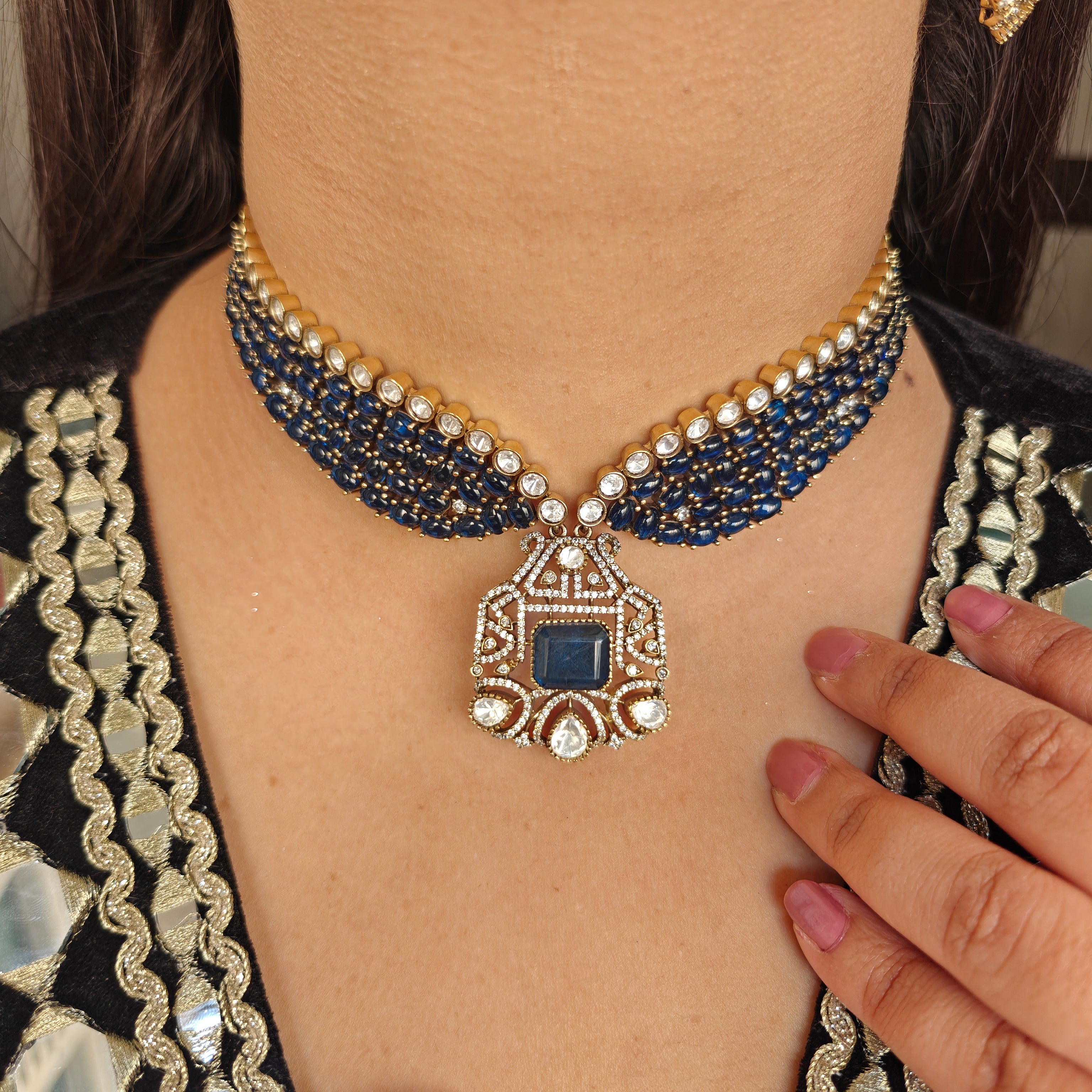 Rati Doublet and Moissanite Polki Choker Set- Blue