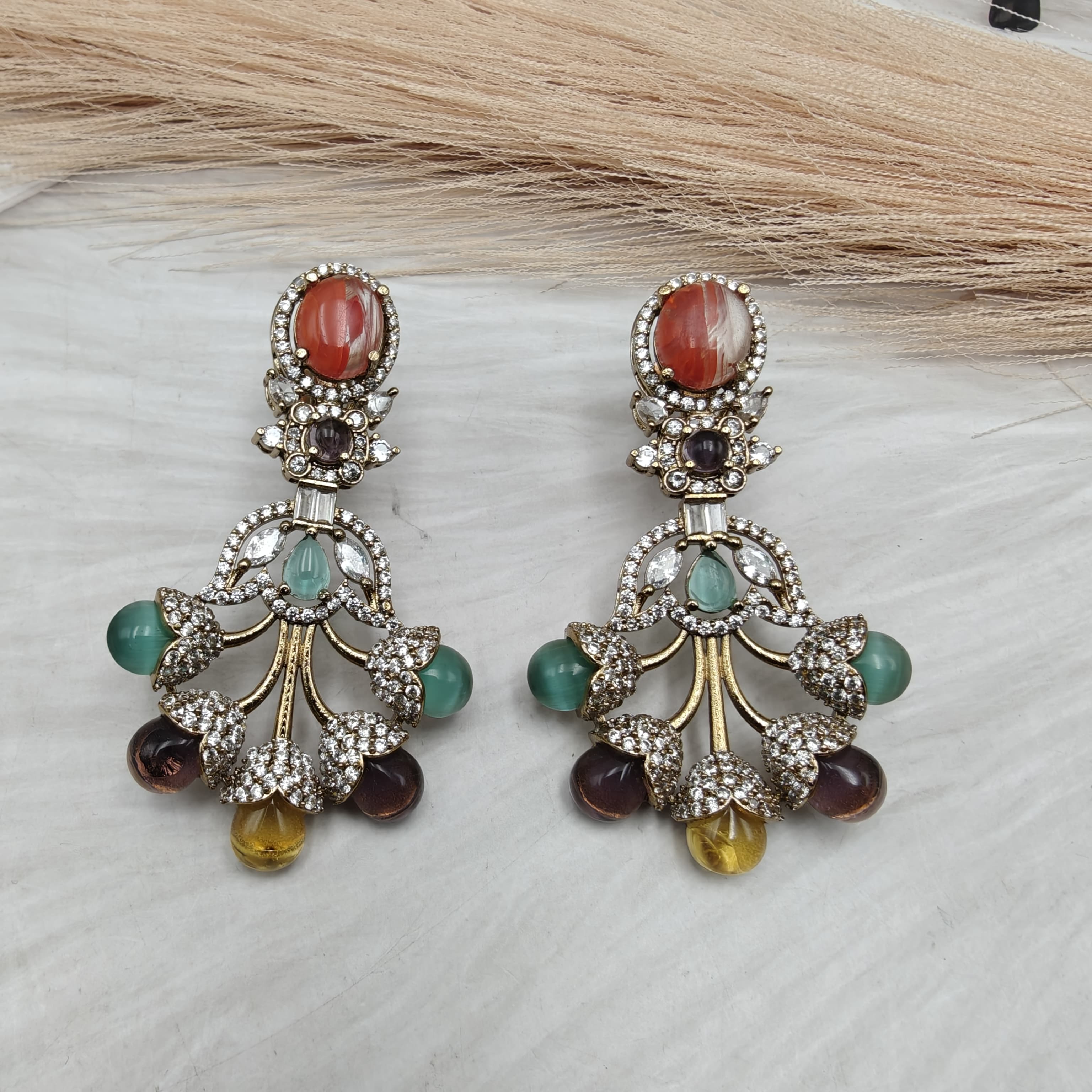 Ambika Statement Gemstone Earrings- Orange Multi