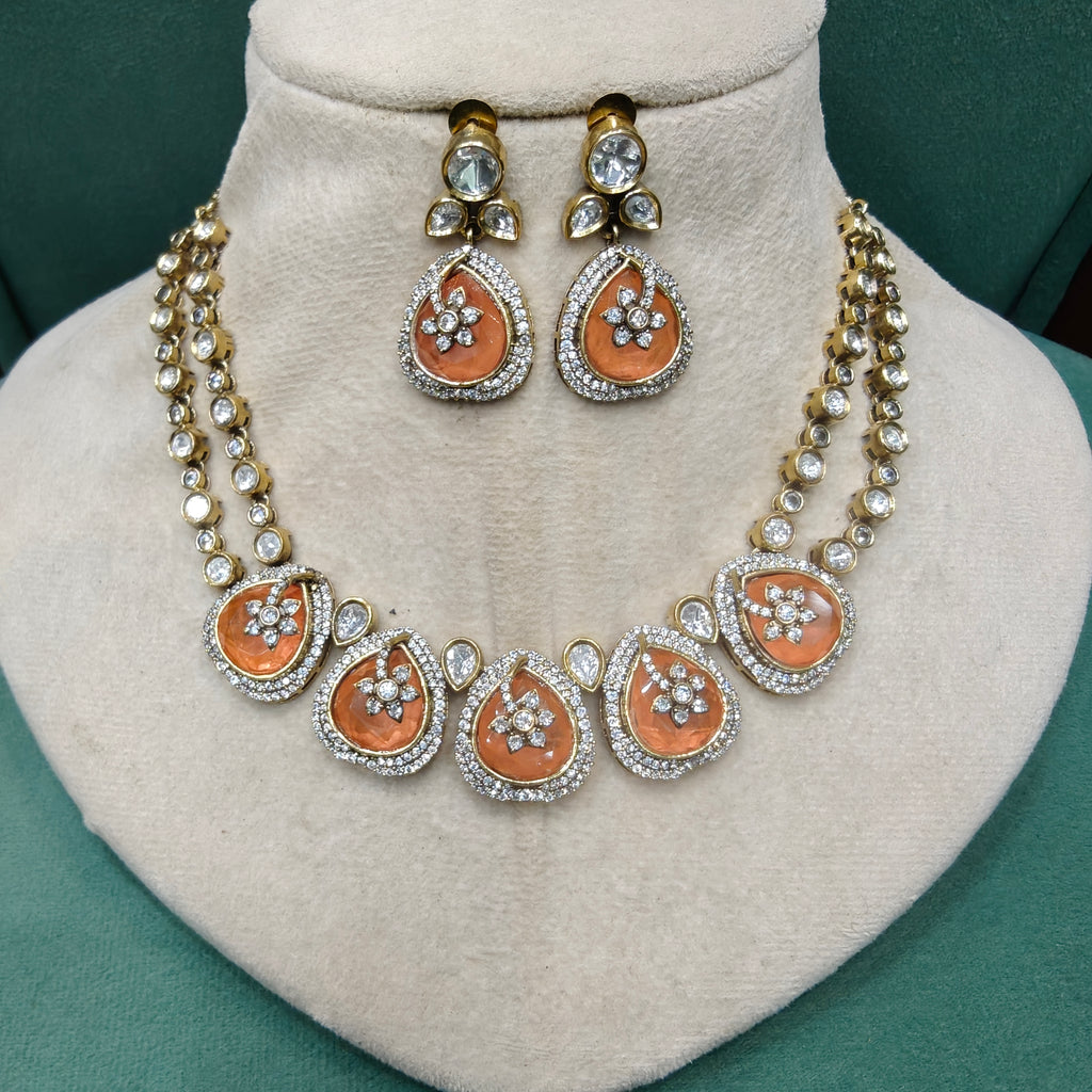 Dharti Doublet and Uncut Polki Necklace Set- Orange