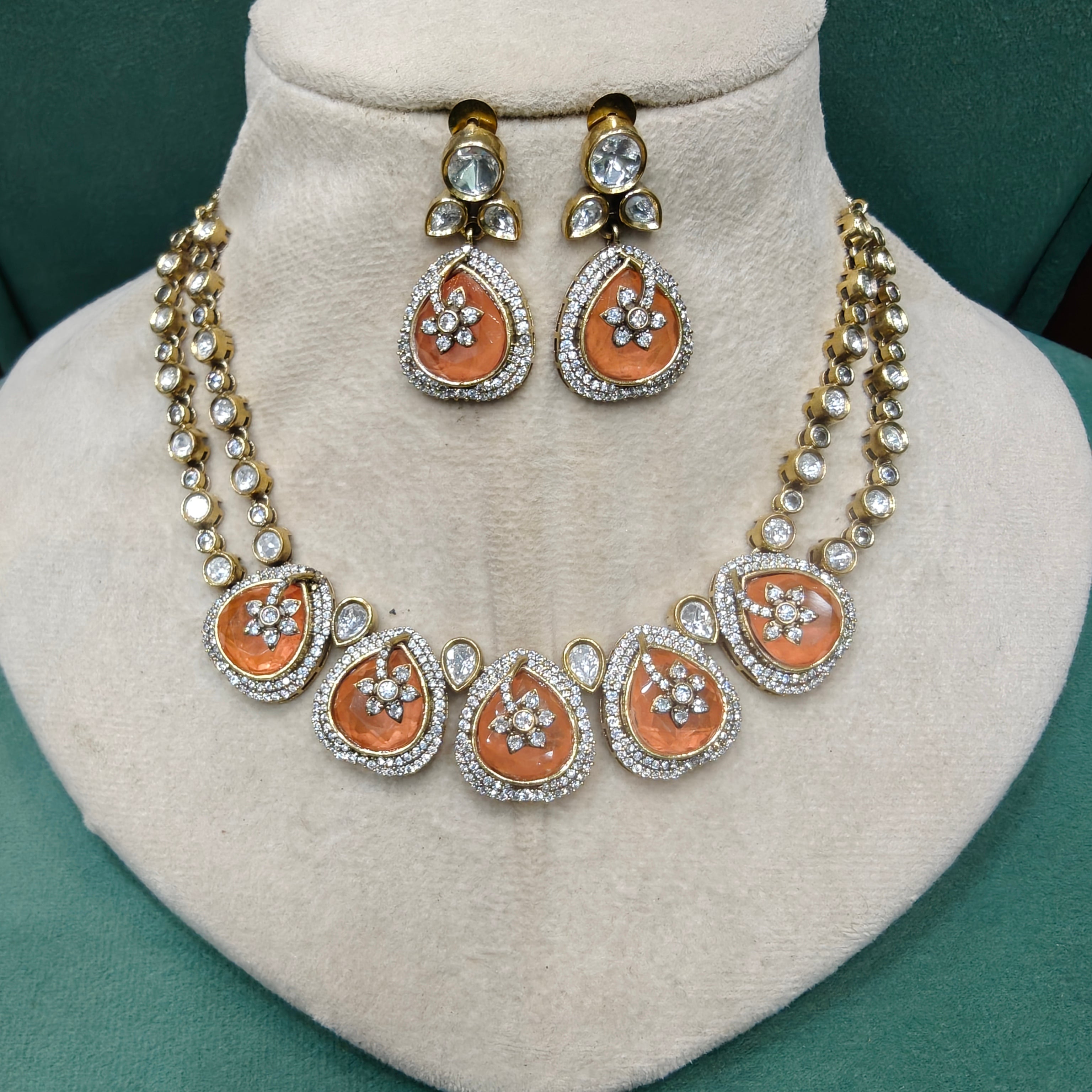 Dharti Doublet and Uncut Polki Necklace Set- Orange