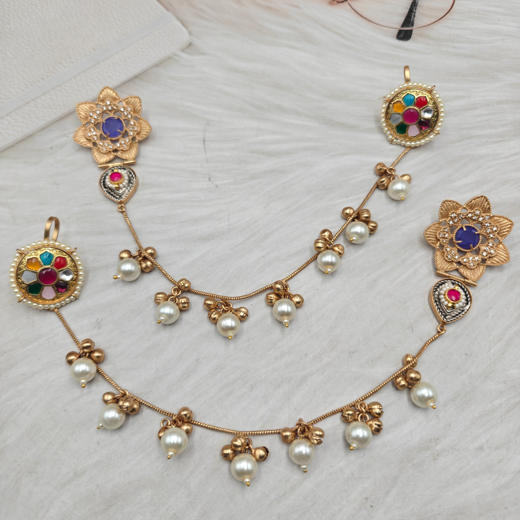 Zina Handcrafted Brass Fusion Stud Earrings with Earchain- Puple Multi