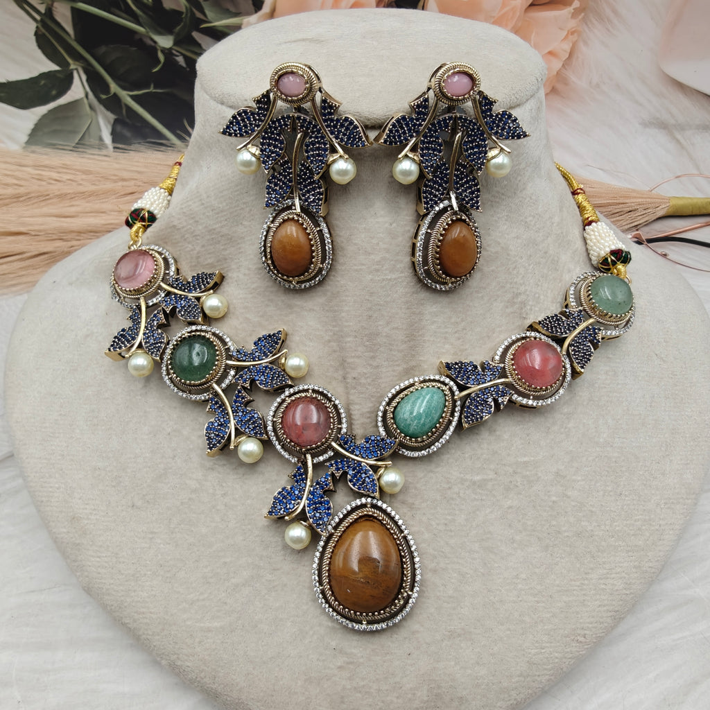 Vriksha Ratna Designer Gemstone Necklace Set- Mustard Brown Multi