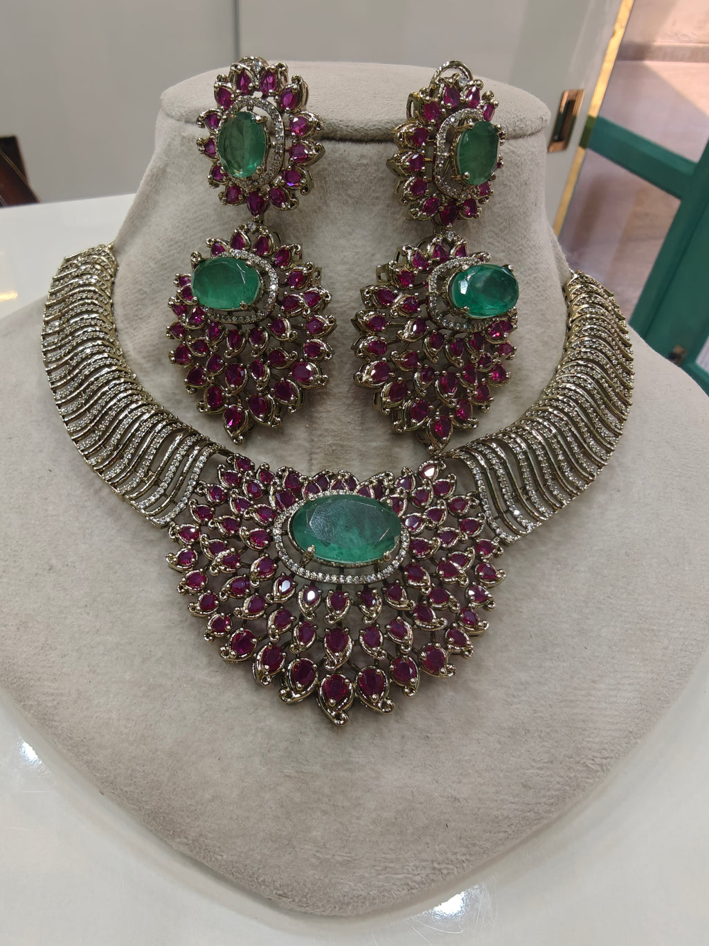 Ratiya Designer Collection Statement Necklace Set- Ruby and Mint