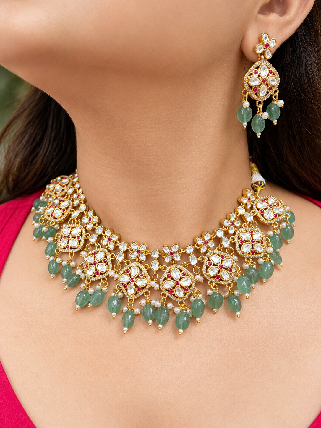 Avida Moissanite Kundan Heritage Necklace Set- Mint