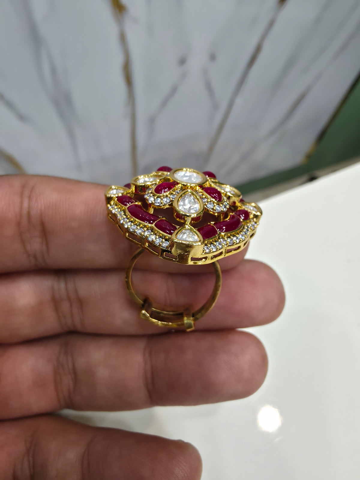 Spardha Moissanite Polki Adjustable Ring- Ruby