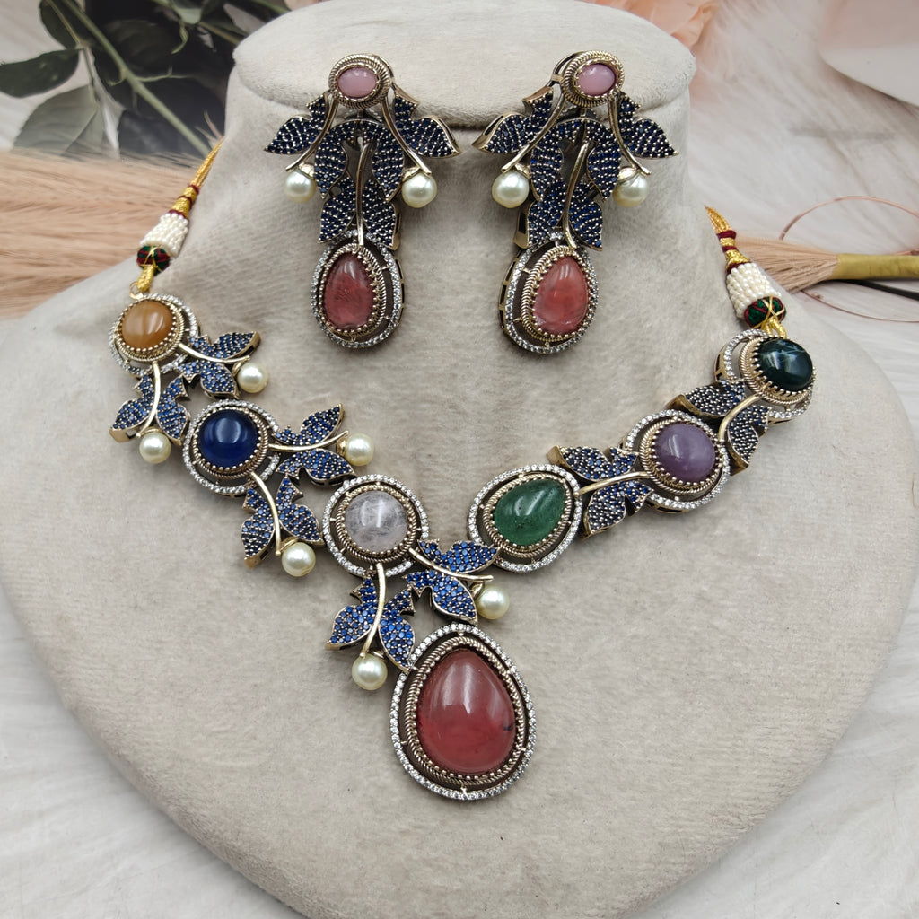 Vriksha Ratna Designer Gemstone Necklace Set- Coral Pink Multi