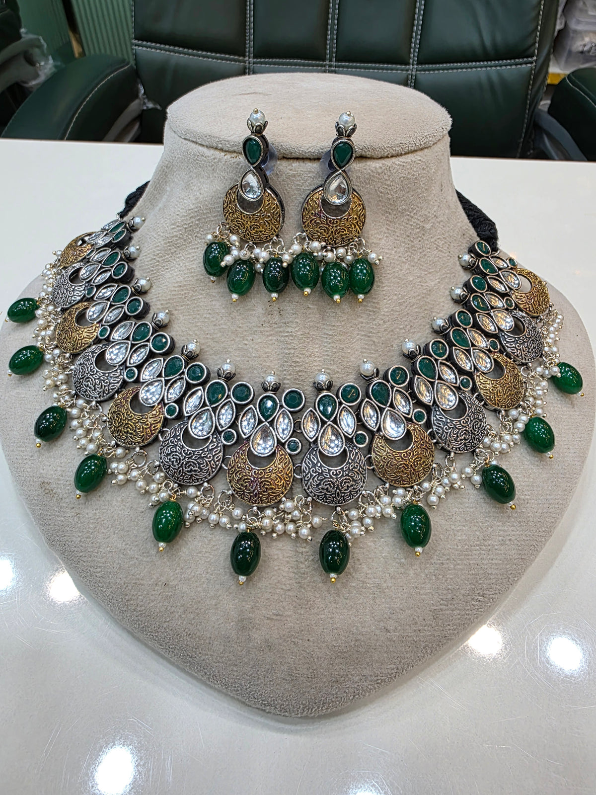 Diksha Silver Oxidised Brass Necklace Set- Green