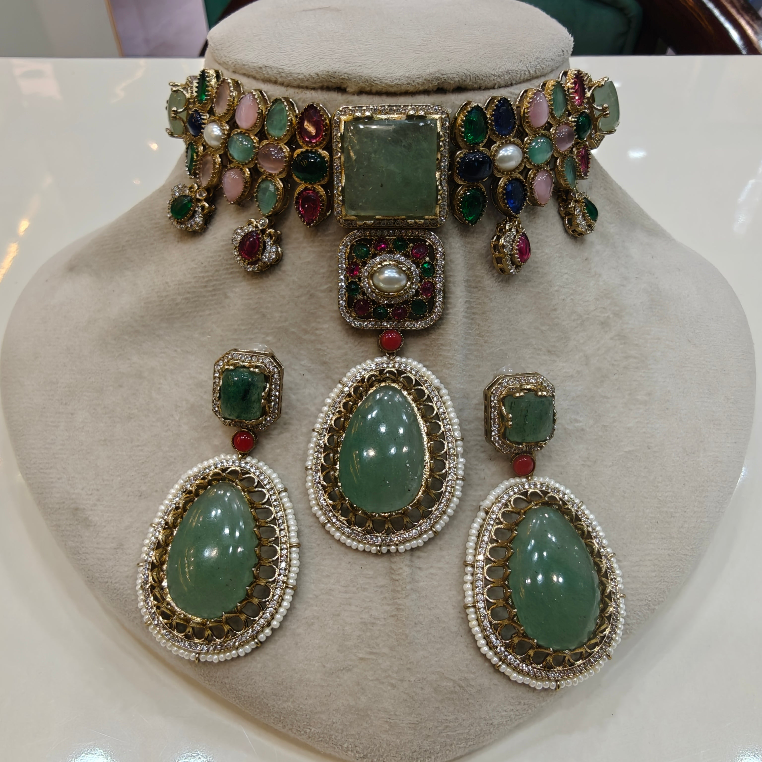 Alokika Sabya Inspired Pearl and Natural Stone Necklace Set- Mint Multi