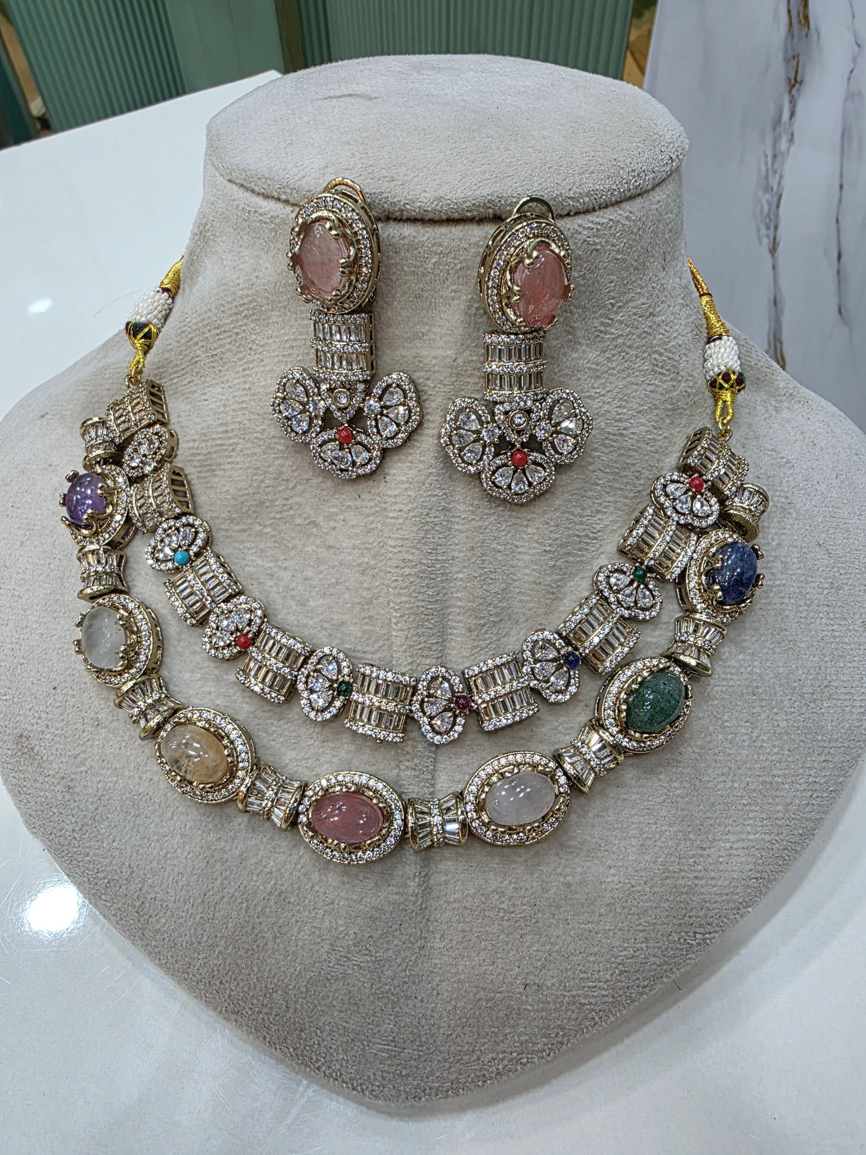 Double Layer Koshu Sabya Inspired Necklace Set- Multi