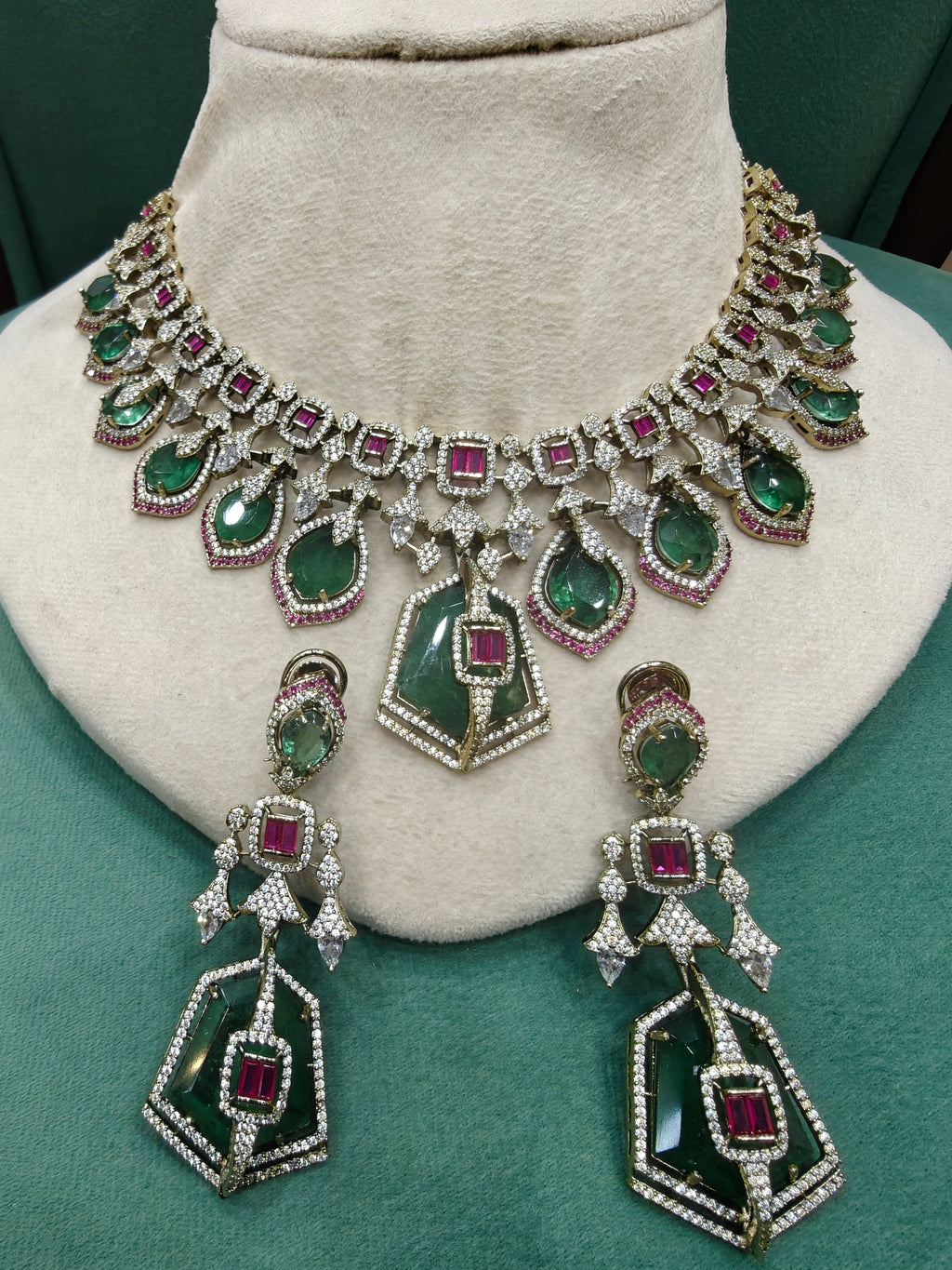 Tirthi Doublet and CZ Statement Necklace Set- Mint Ruby