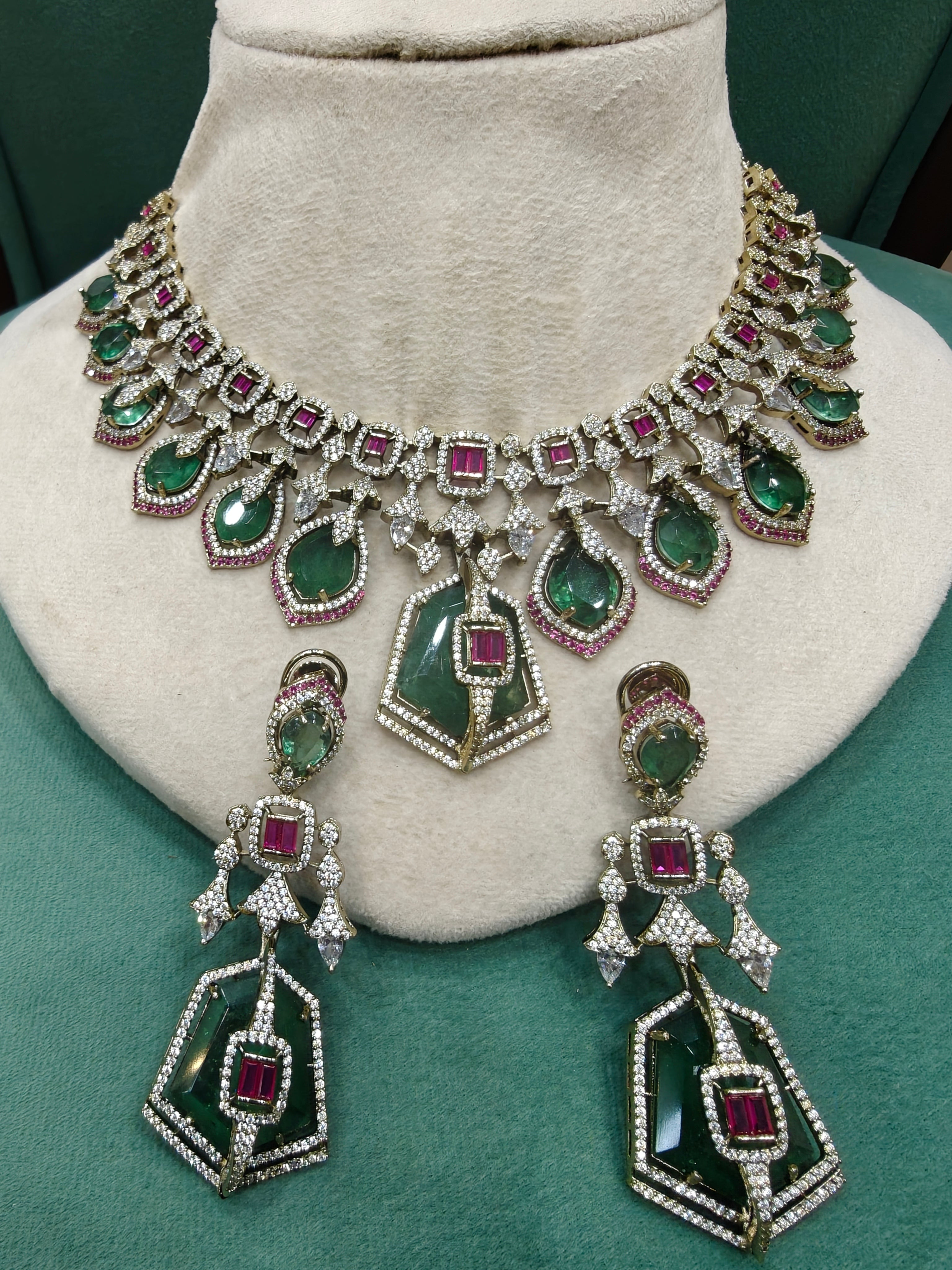 Tirthi Doublet and CZ Statement Necklace Set- Mint Ruby